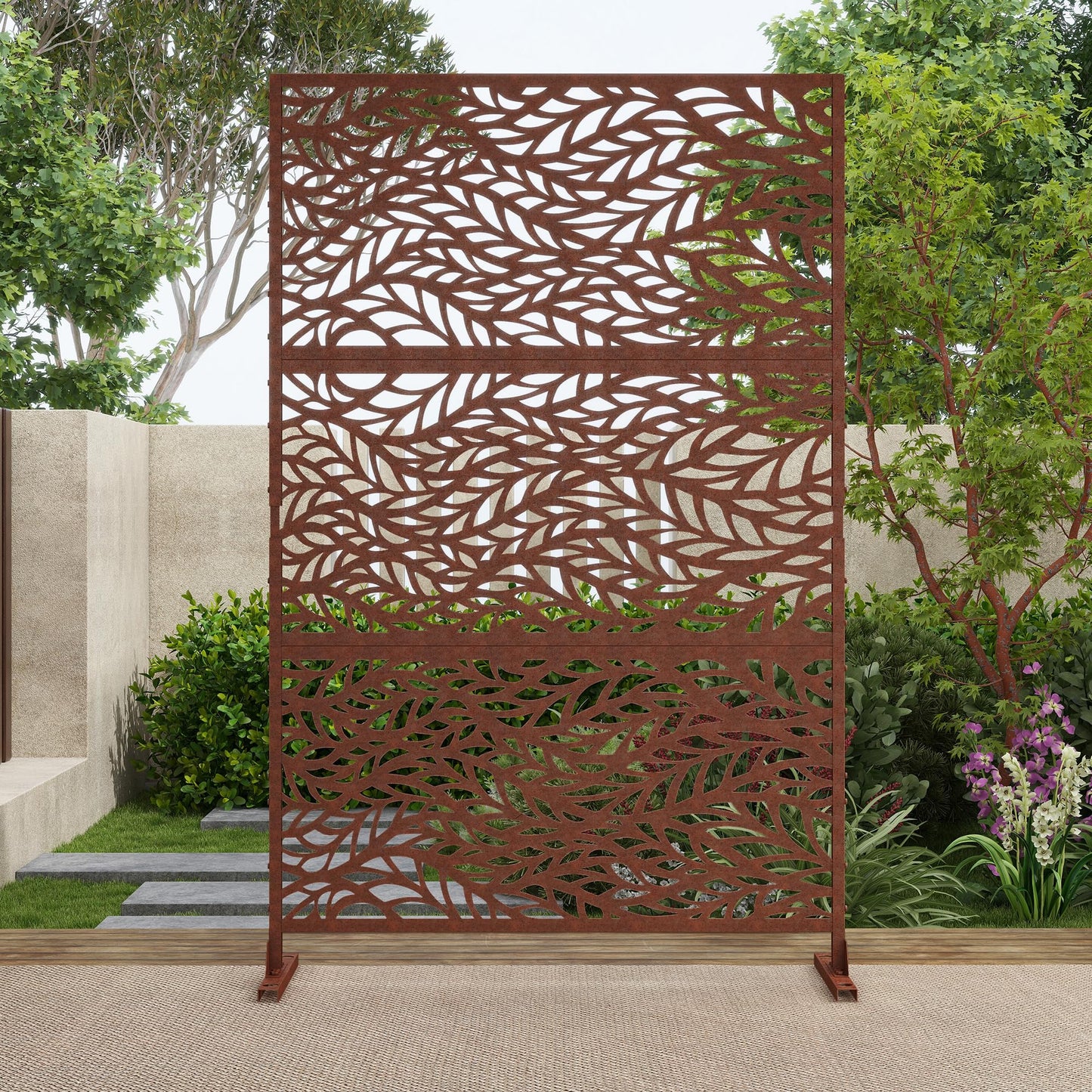 Outdoor Metal Privacy Screen with Stand, 72" H x 47" W Freestanding Outdoor Patio Divider, Decorative Patio Privacy Fence Panel for Garden Backyard Balcony Porch (Brown-Crossbanding)