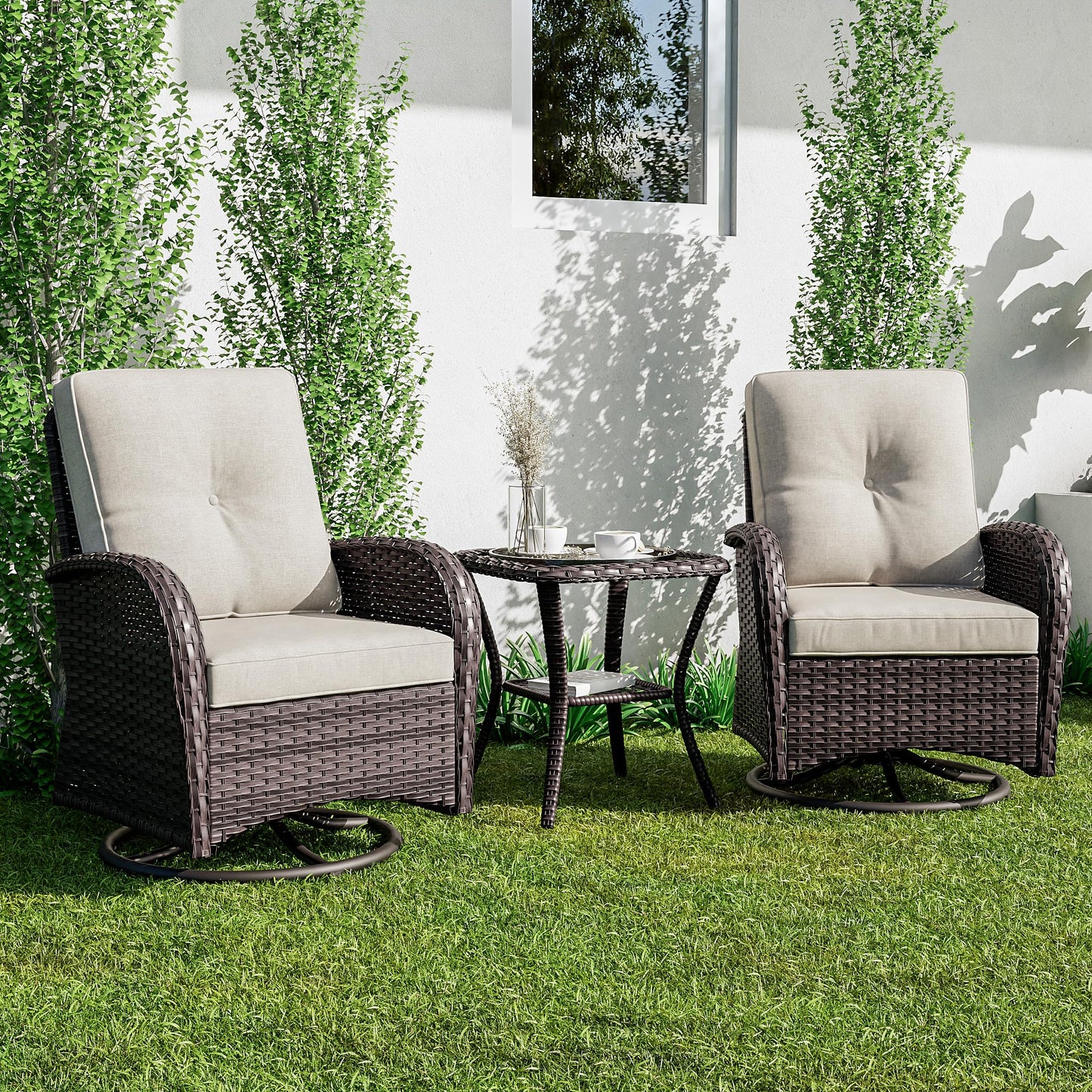 Joyside Patio Swivel Rocker Wicker Chairs - Outdoor Swivel Rocking Chairs Set of 2 with Wicker Side Table, Patio Swivel Rocker Chair 3 Piece Patio Furniture Sets for Porch Deck(Brown/Blue)