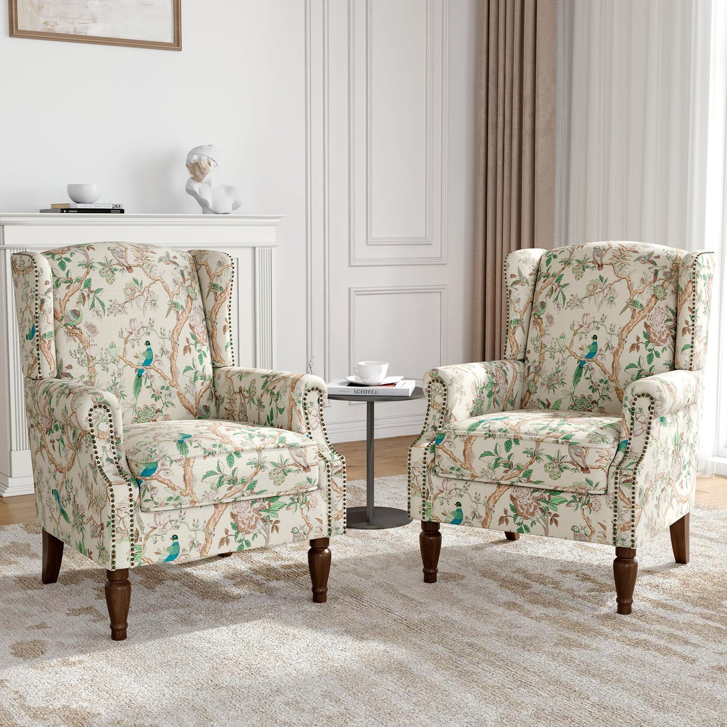 Floral Wingback Accent Chair, High Back Upholstered Armchair, Comfy Fabric Wingback Arms Chairs with Solid Wood Legs, Single Sofa Reading Chair for Bedroom Living Room, Beige