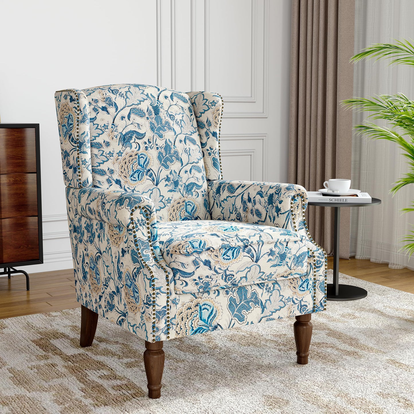 Floral Wingback Accent Chair, High Back Upholstered Armchair, Comfy Fabric Wingback Arms Chairs with Solid Wood Legs, Single Sofa Reading Chair for Bedroom Living Room, Beige