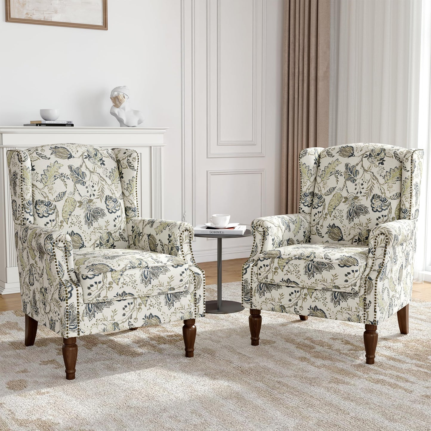 Floral Wingback Accent Chair, High Back Upholstered Armchair, Comfy Fabric Wingback Arms Chairs with Solid Wood Legs, Single Sofa Reading Chair for Bedroom Living Room, Beige