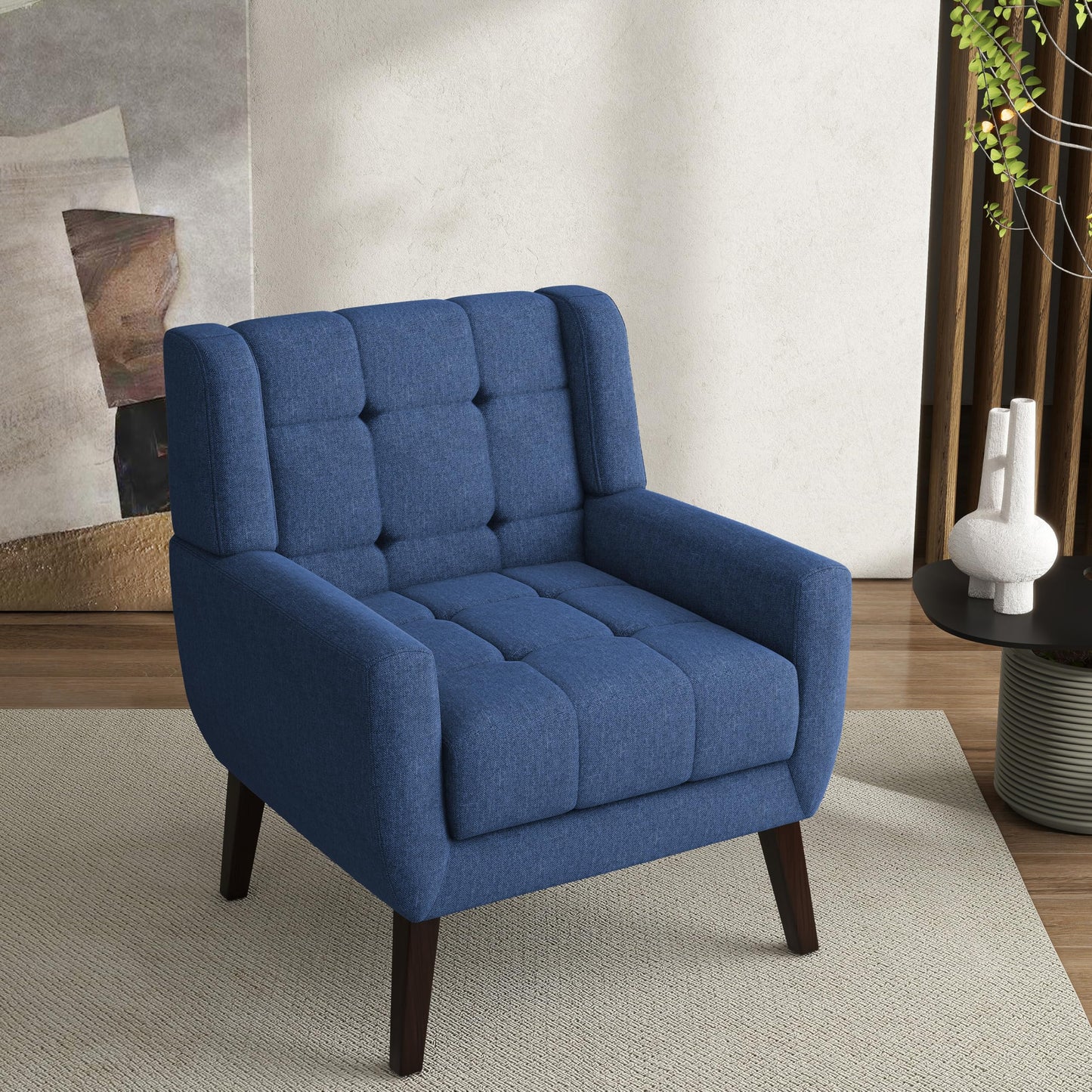 Faux Leather Accent Chairs Set of 2, Mid-Century Modern Upholstered Armchair, Comfy Living Room Chairs Reading Chairs with Button Tufted Back & Solid Wood Legs for Bedroom, Office, Black