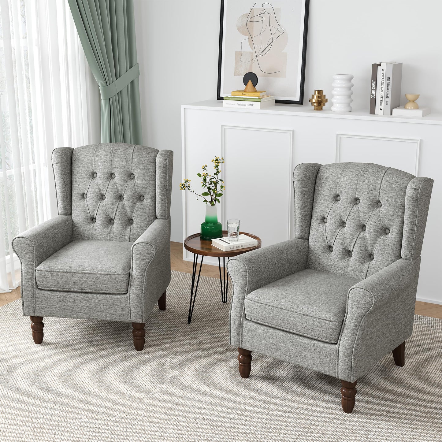 Faux Leather Wingback Chairs Set of 2, High Back Accent Chair for Living Room, Button-Tufted Upholstered Armchair with Solid Wood Legs, Comfy Reading Chair for Bedroom, Brown