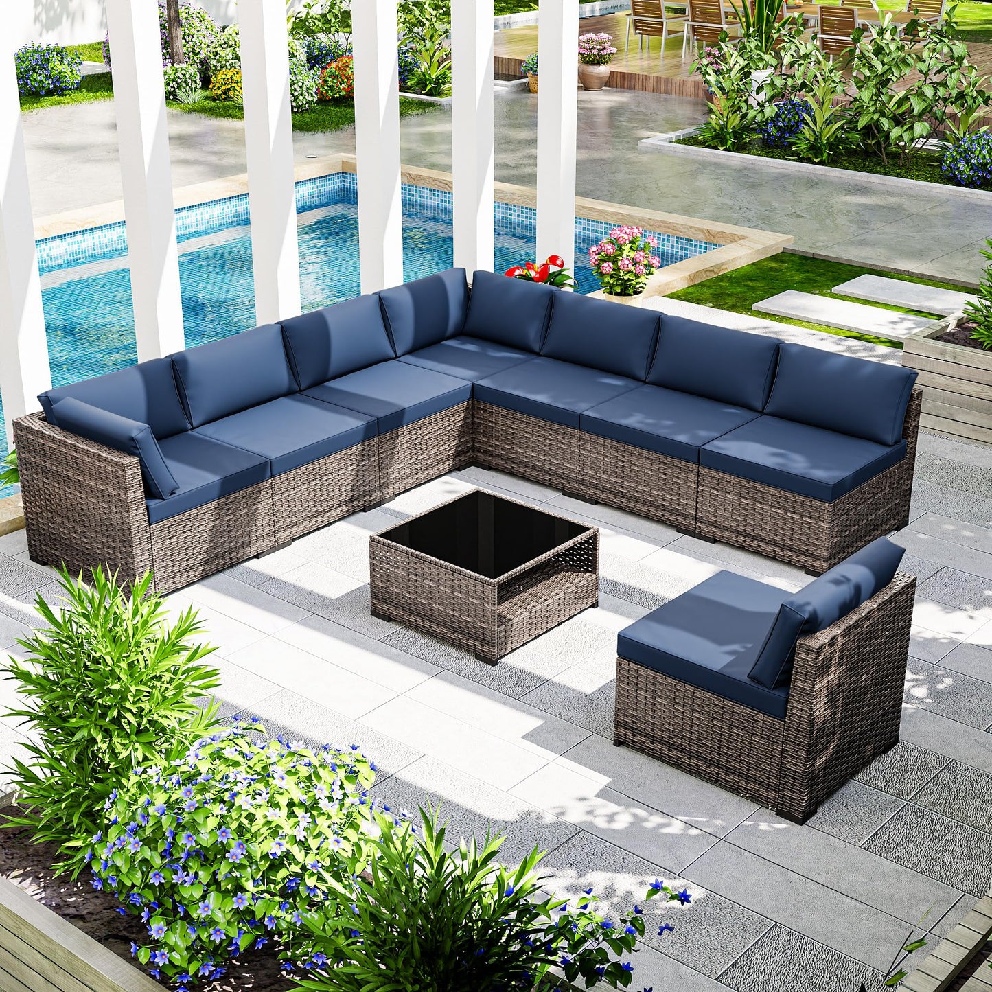 Joyside 5-Piece Patio Furniture Set, Rattan Outdoor Sectional Wicker Patio Conversation Set with Cushions and Coffee Table