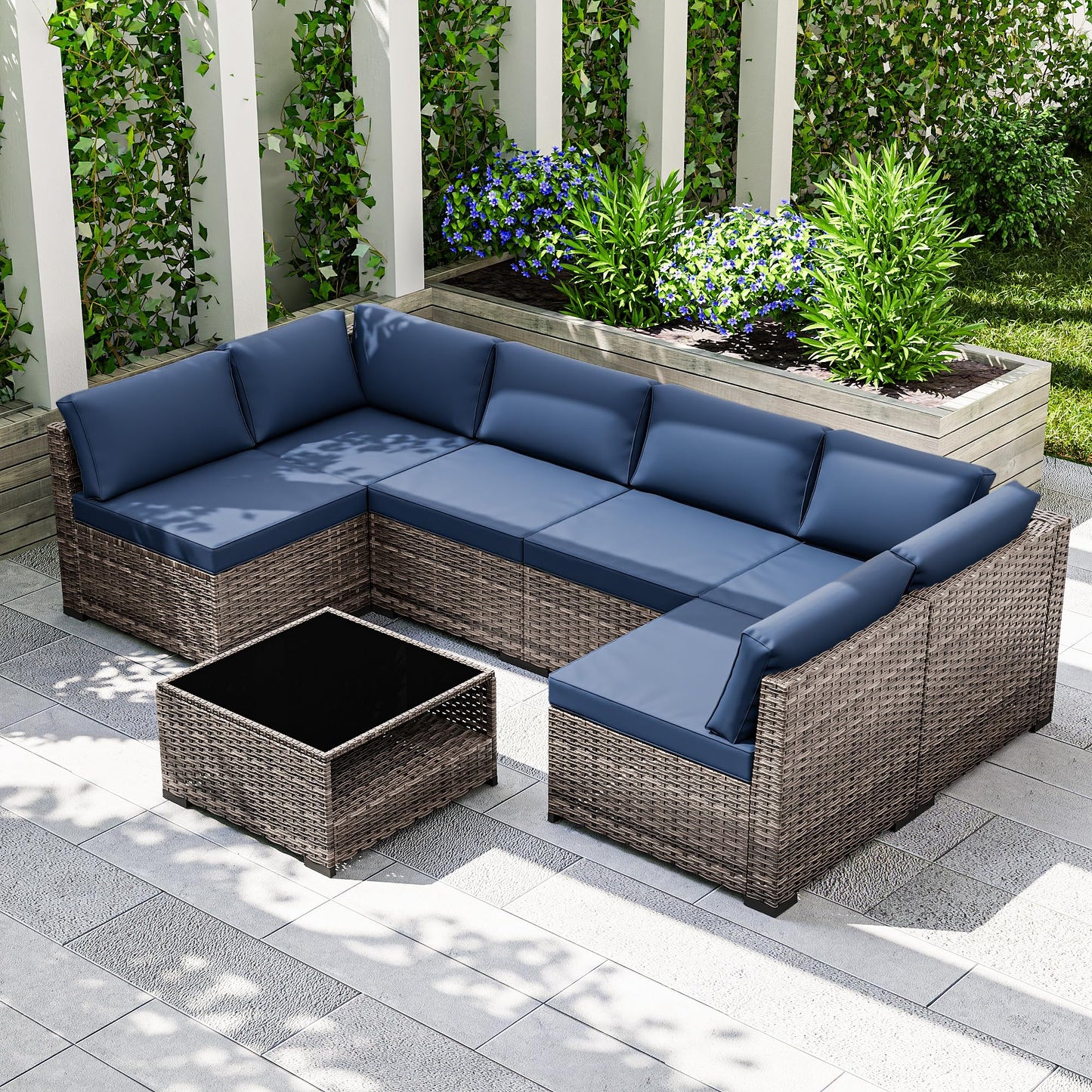 Joyside 5-Piece Patio Furniture Set, Rattan Outdoor Sectional Wicker Patio Conversation Set with Cushions and Coffee Table