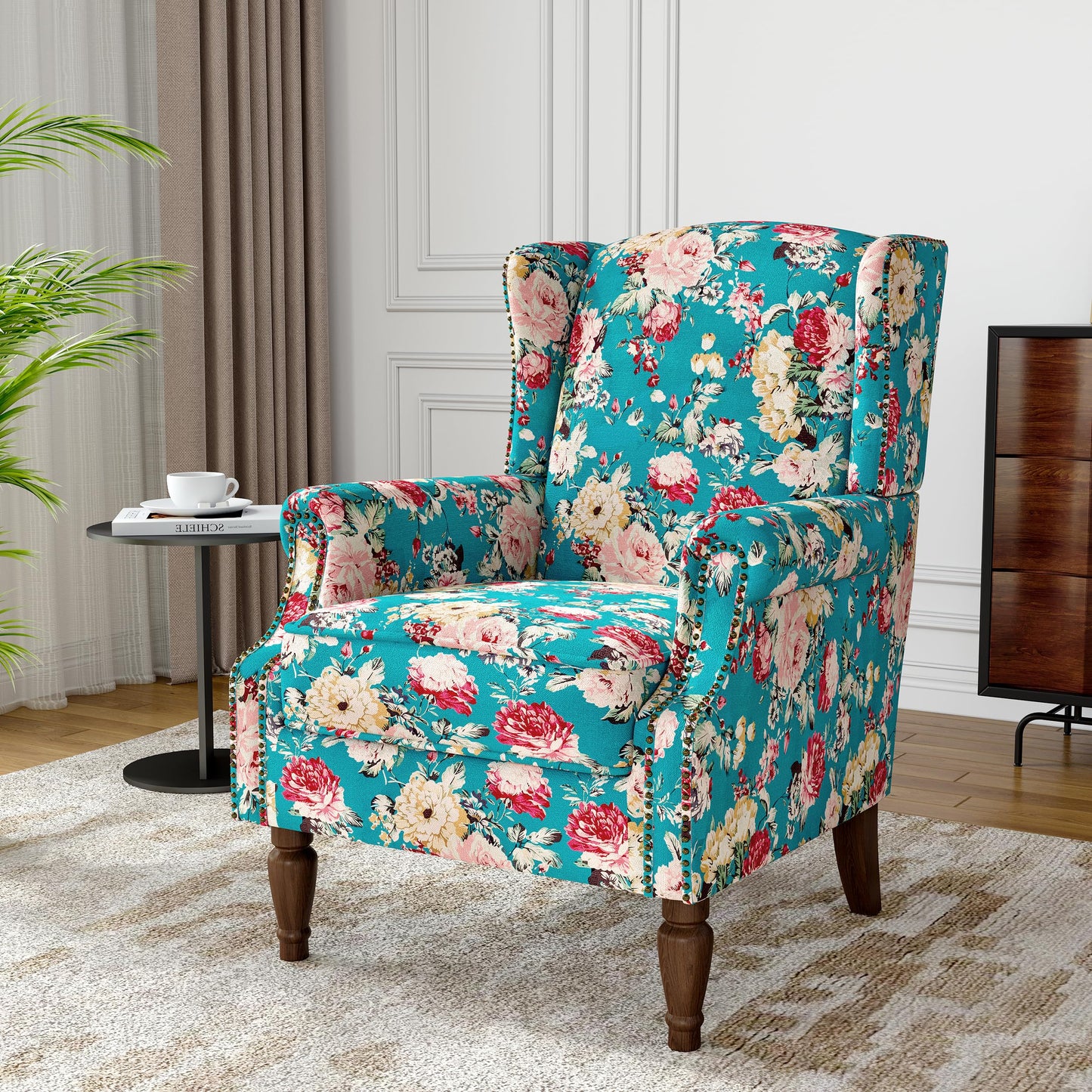 Floral Wingback Accent Chair, High Back Upholstered Armchair, Comfy Fabric Wingback Arms Chairs with Solid Wood Legs, Single Sofa Reading Chair for Bedroom Living Room, Beige