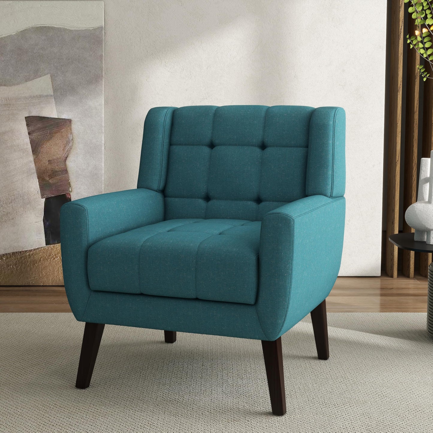 Faux Leather Accent Chairs Set of 2, Mid-Century Modern Upholstered Armchair, Comfy Living Room Chairs Reading Chairs with Button Tufted Back & Solid Wood Legs for Bedroom, Office, Black