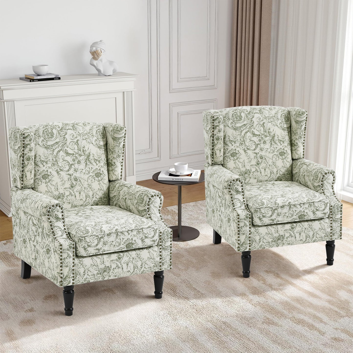 Floral Wingback Accent Chair, High Back Upholstered Armchair, Comfy Fabric Wingback Arms Chairs with Solid Wood Legs, Single Sofa Reading Chair for Bedroom Living Room, Beige