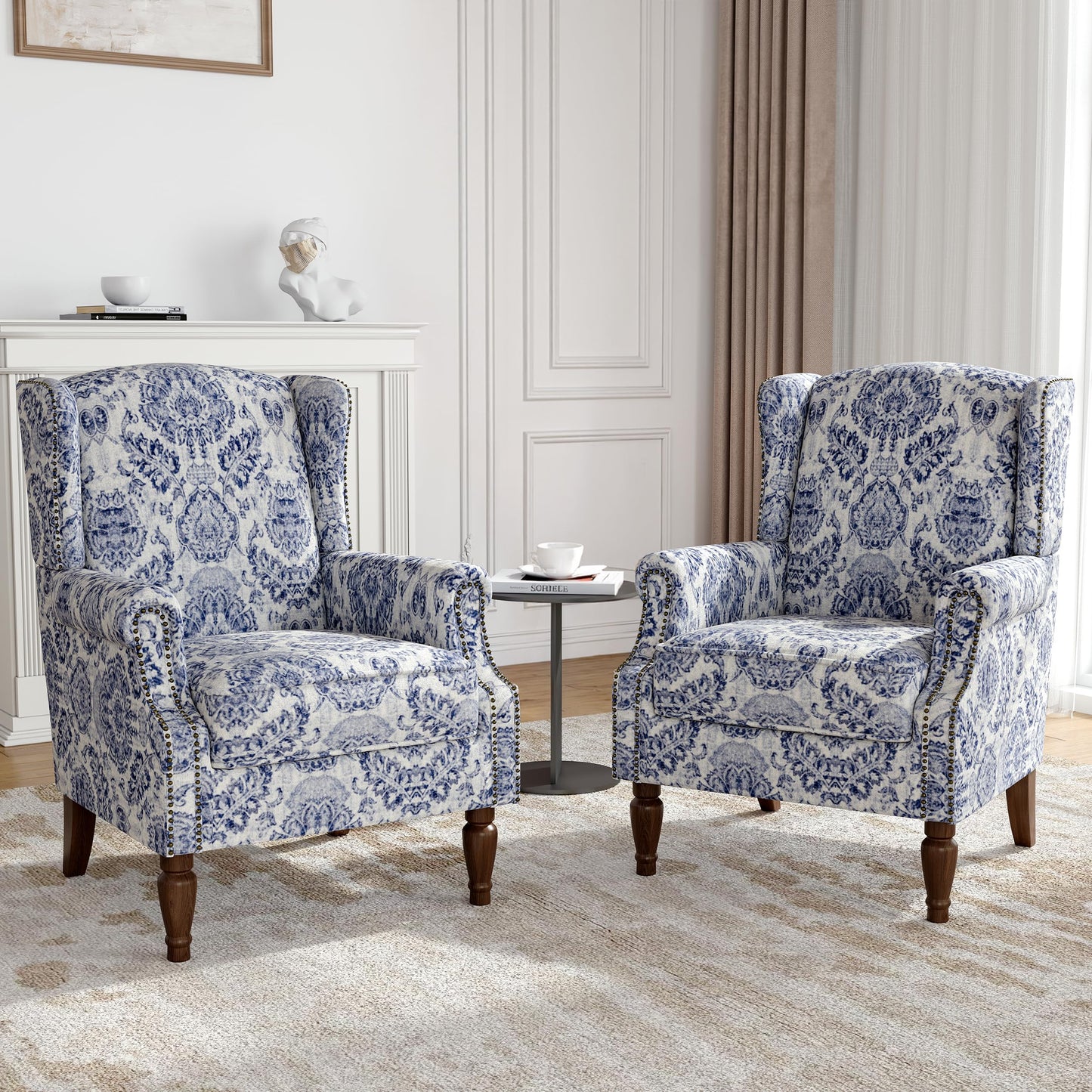 Floral Wingback Accent Chair, High Back Upholstered Armchair, Comfy Fabric Wingback Arms Chairs with Solid Wood Legs, Single Sofa Reading Chair for Bedroom Living Room, Beige