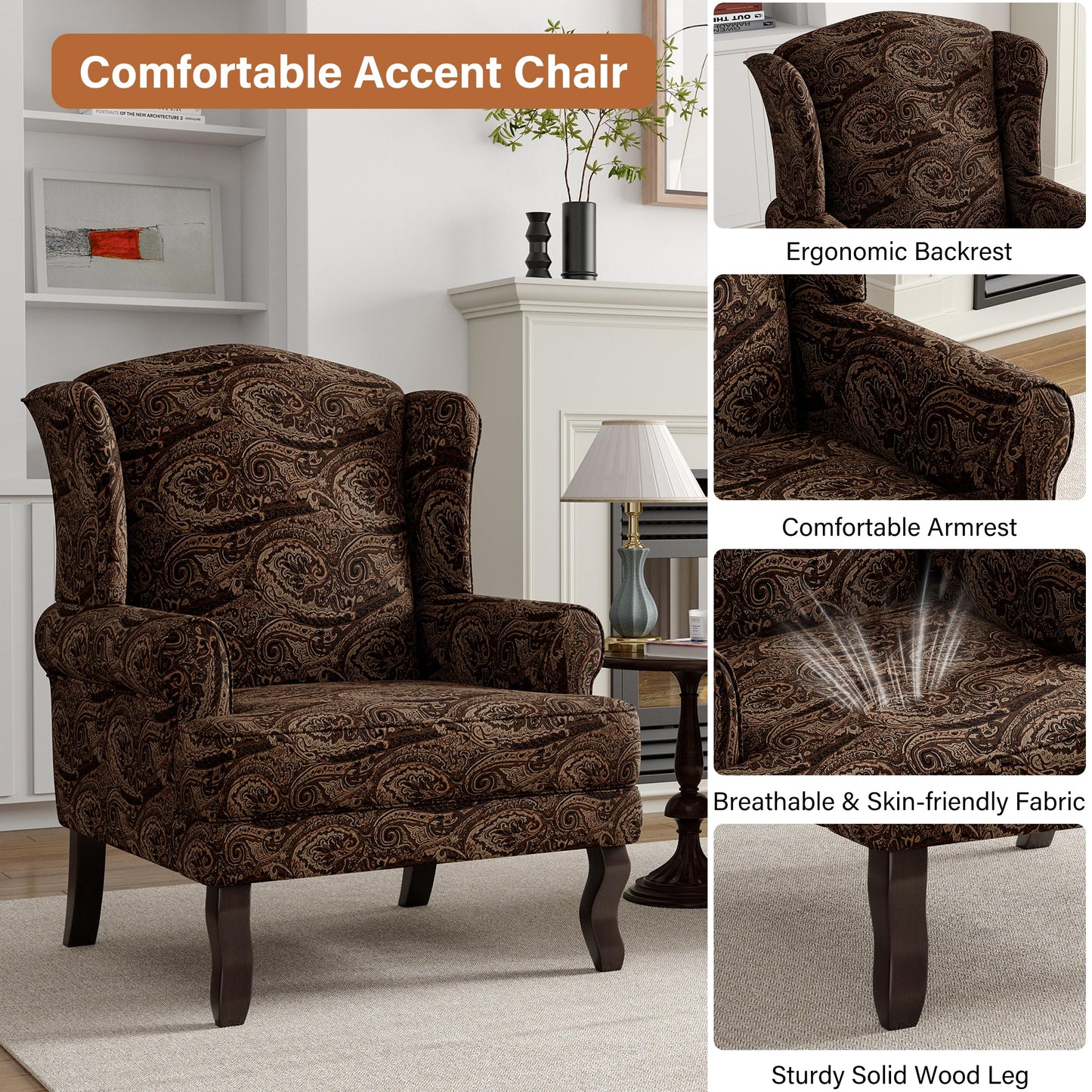 High Back Accent Chair, Comfy Upholstered Fabric Armchair for Living Room, Mid Century Modern Club Accent Chair with Curved Armrests and Solid Legs, Single Sofa Reading Chair for Bedroom, Cranberry