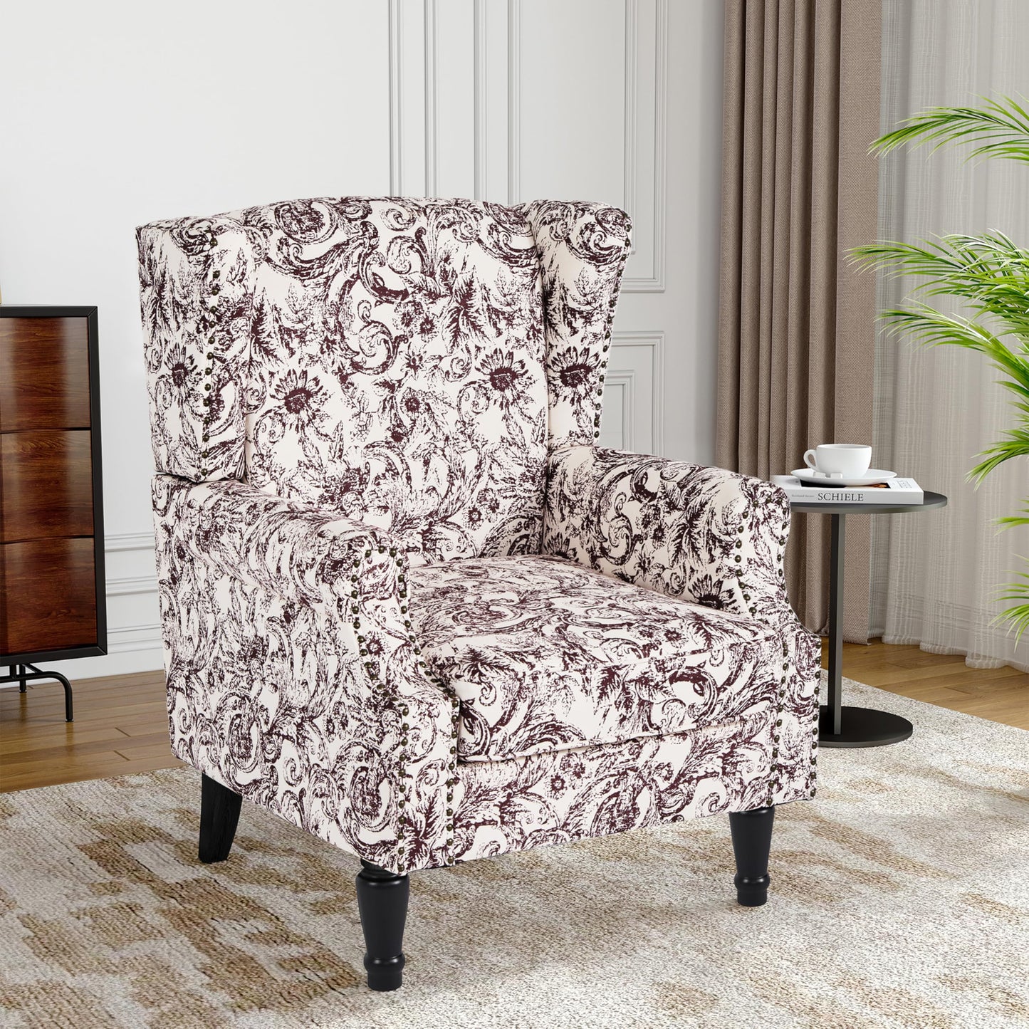 Floral Wingback Accent Chair, High Back Upholstered Armchair, Comfy Fabric Wingback Arms Chairs with Solid Wood Legs, Single Sofa Reading Chair for Bedroom Living Room, Beige