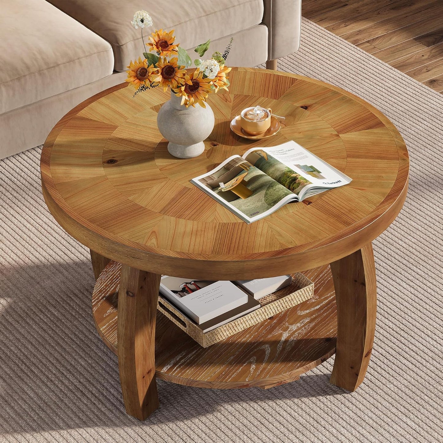 Solid Wood Round Coffee Table, 2-Tier Center Table with Storage, 31.5 Inch Wood Tabletop with Mosaic Pattern, Easy Assembly, for Living Room, Brown
