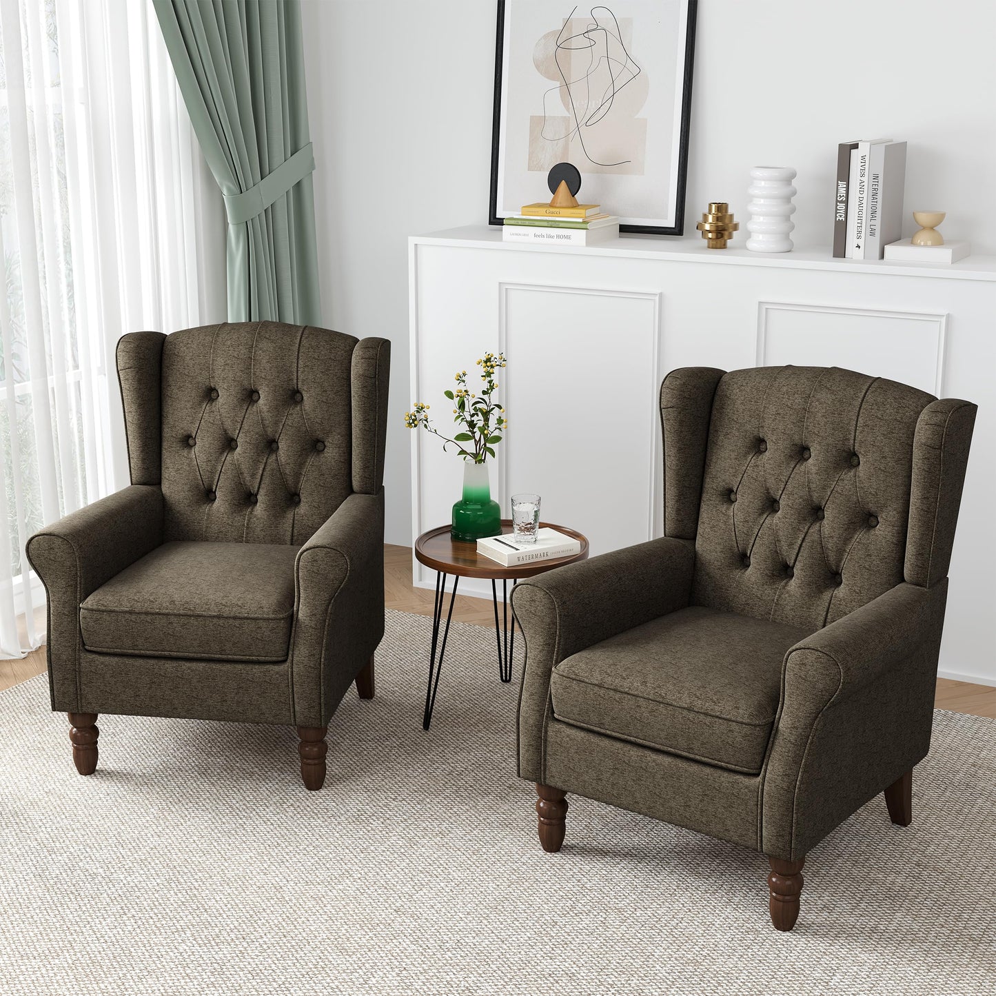 Faux Leather Wingback Chairs Set of 2, High Back Accent Chair for Living Room, Button-Tufted Upholstered Armchair with Solid Wood Legs, Comfy Reading Chair for Bedroom, Brown