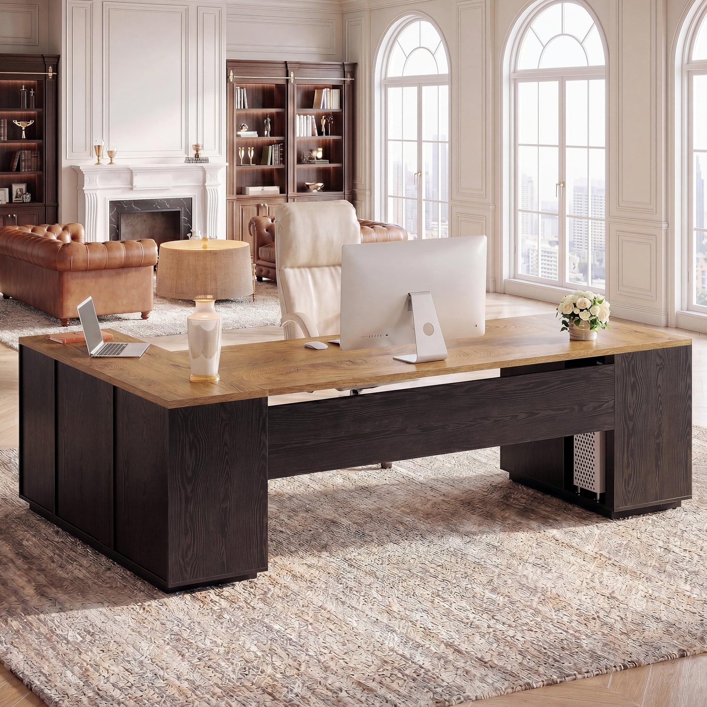 Tribesigns 85.8-Inch L-Shaped Executive Desk with File Drawers, Door Cabinet & Shelves, Extra Large Commercial Office Desk, Modern Professional Office Table, Business Furniture, Warm Brown & Black