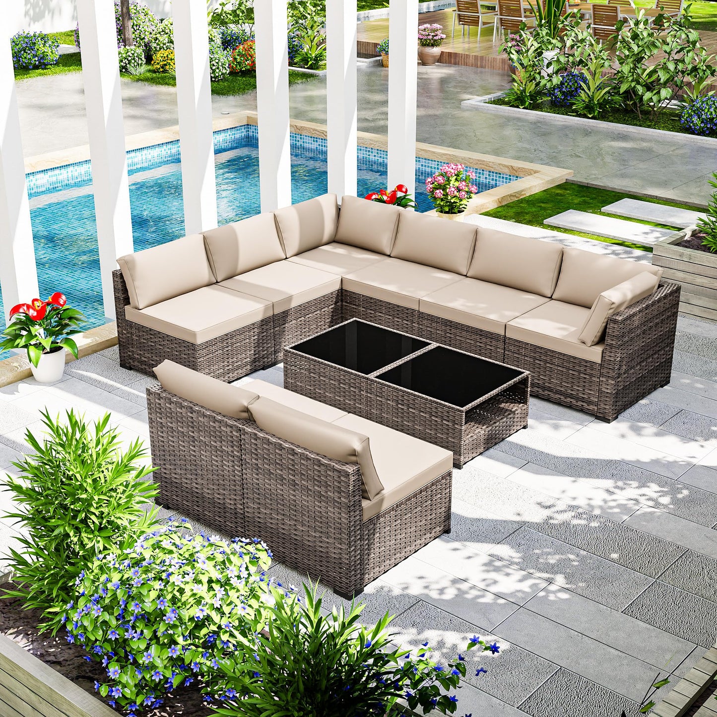 Joyside 5-Piece Patio Furniture Set, Rattan Outdoor Sectional Wicker Patio Conversation Set with Cushions and Coffee Table