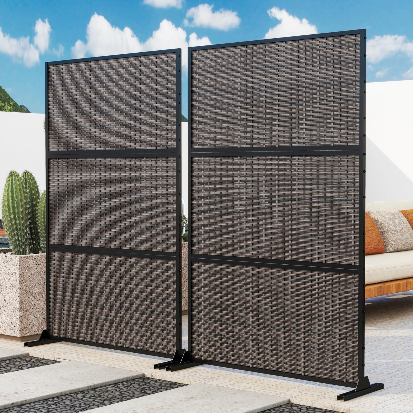 Outdoor Metal Privacy Screen with Stand, 72" H x 47" W Freestanding Outdoor Patio Divider, Decorative Patio Privacy Fence Panel for Garden Backyard Balcony Porch (Brown-Crossbanding)