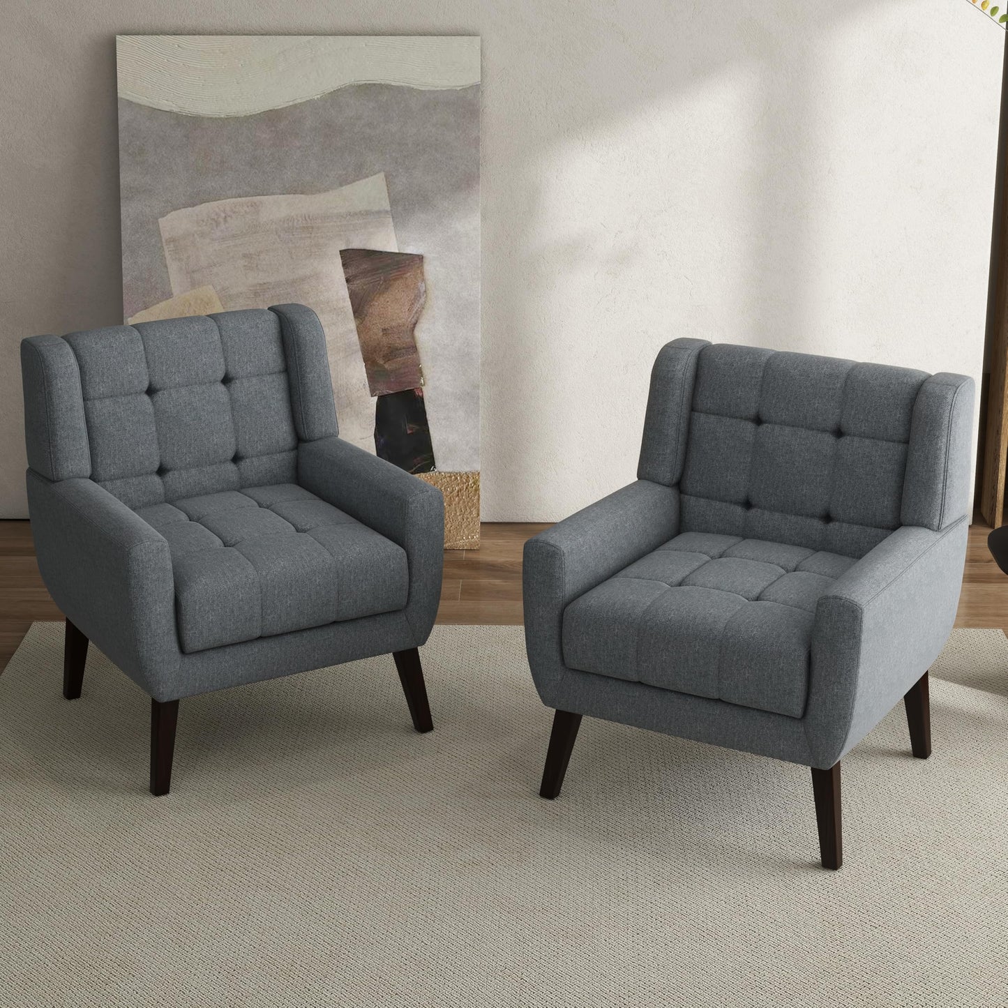 Faux Leather Accent Chairs Set of 2, Mid-Century Modern Upholstered Armchair, Comfy Living Room Chairs Reading Chairs with Button Tufted Back & Solid Wood Legs for Bedroom, Office, Black