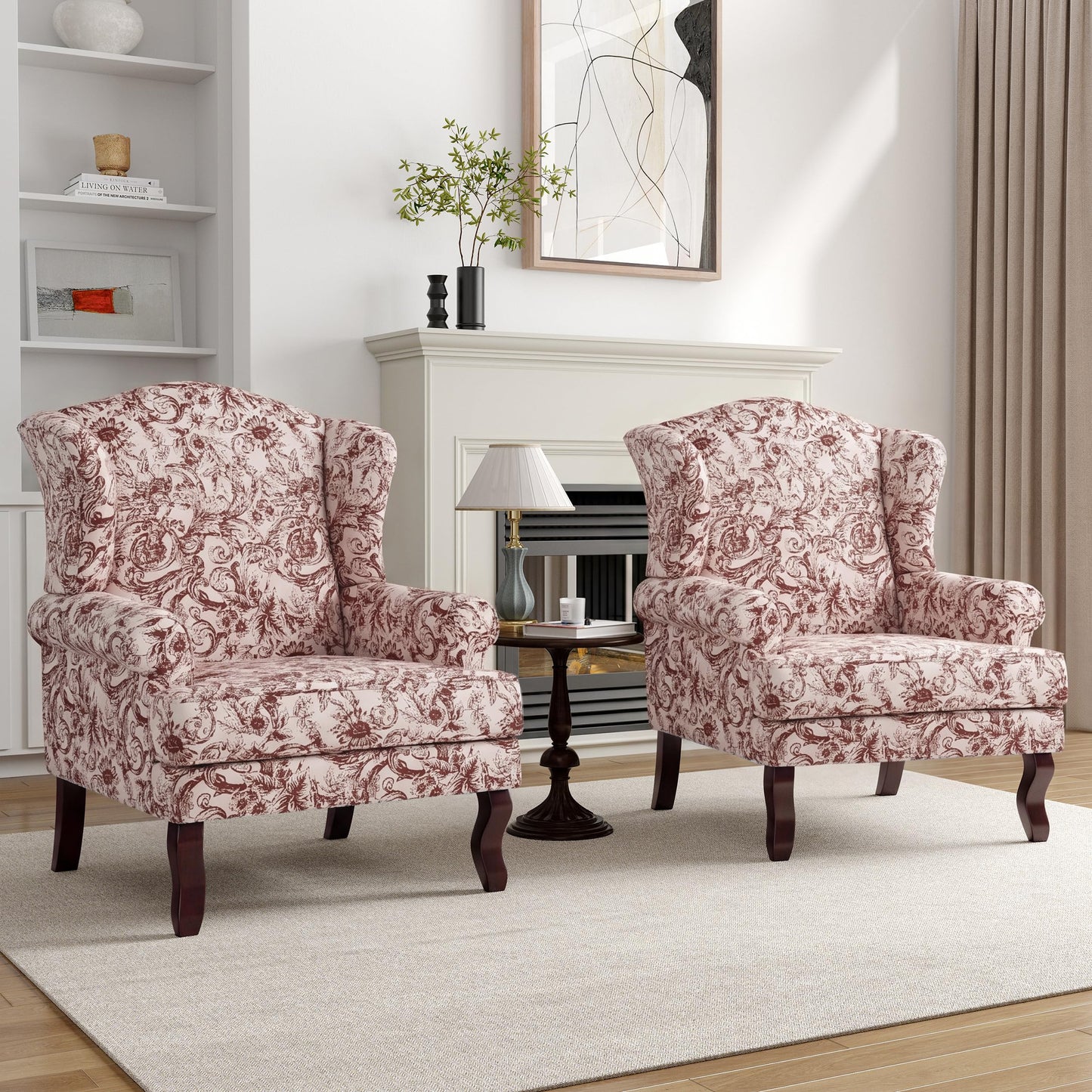 High Back Accent Chair, Comfy Upholstered Fabric Armchair for Living Room, Mid Century Modern Club Accent Chair with Curved Armrests and Solid Legs, Single Sofa Reading Chair for Bedroom, Cranberry
