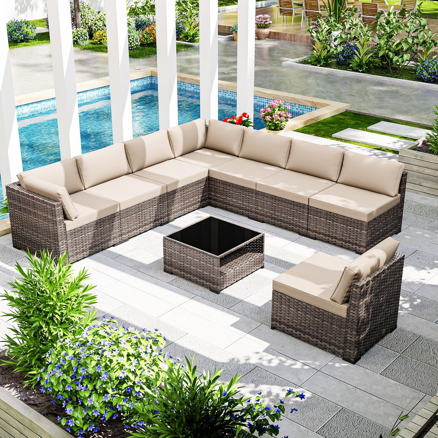 Joyside 5-Piece Patio Furniture Set, Rattan Outdoor Sectional Wicker Patio Conversation Set with Cushions and Coffee Table