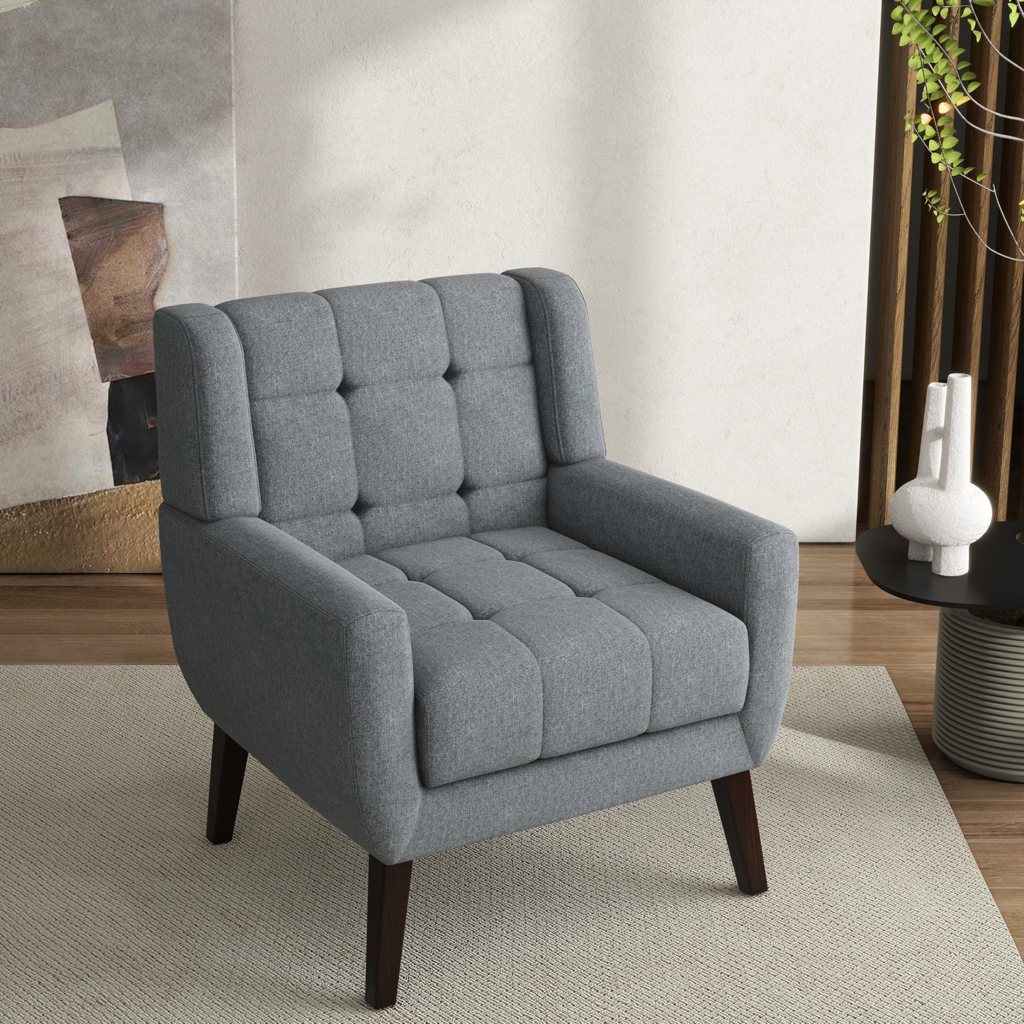 Faux Leather Accent Chairs Set of 2, Mid-Century Modern Upholstered Armchair, Comfy Living Room Chairs Reading Chairs with Button Tufted Back & Solid Wood Legs for Bedroom, Office, Black