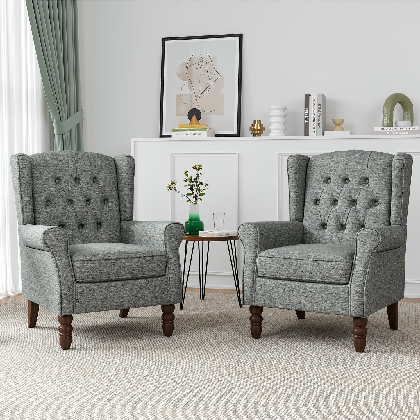 Faux Leather Wingback Chairs Set of 2, High Back Accent Chair for Living Room, Button-Tufted Upholstered Armchair with Solid Wood Legs, Comfy Reading Chair for Bedroom, Brown