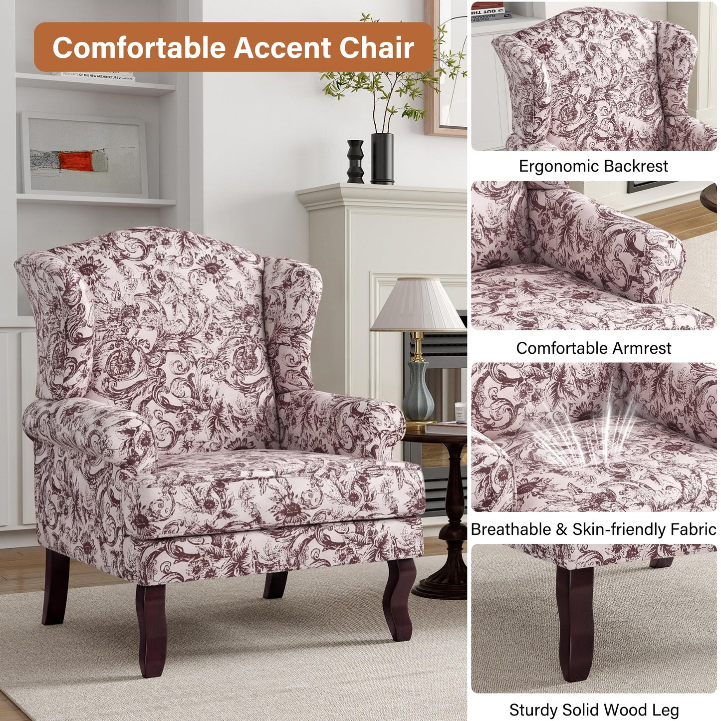 High Back Accent Chair, Comfy Upholstered Fabric Armchair for Living Room, Mid Century Modern Club Accent Chair with Curved Armrests and Solid Legs, Single Sofa Reading Chair for Bedroom, Cranberry