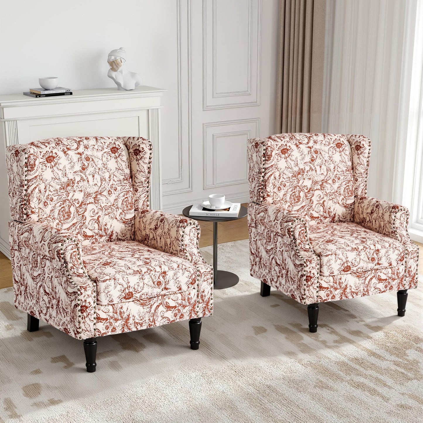 Floral Wingback Accent Chair, High Back Upholstered Armchair, Comfy Fabric Wingback Arms Chairs with Solid Wood Legs, Single Sofa Reading Chair for Bedroom Living Room, Beige
