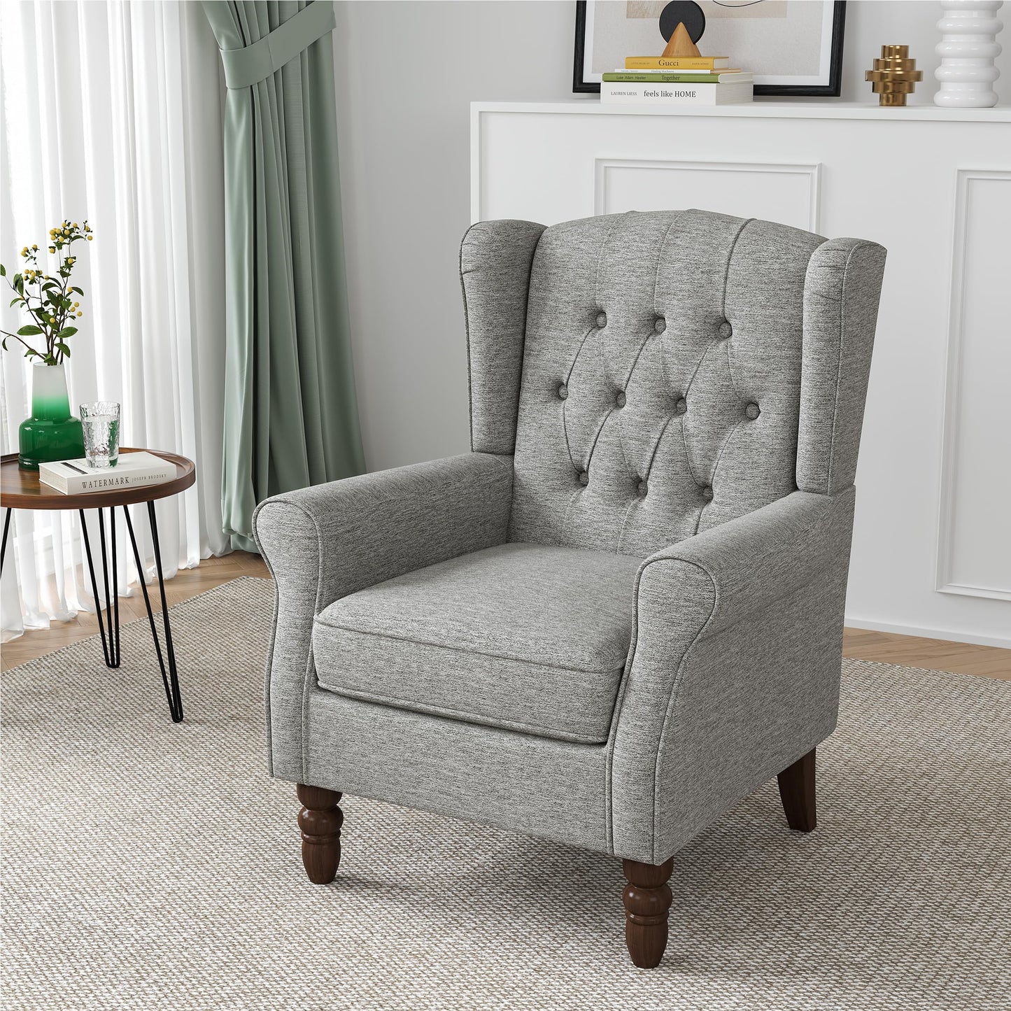 Faux Leather Wingback Chairs Set of 2, High Back Accent Chair for Living Room, Button-Tufted Upholstered Armchair with Solid Wood Legs, Comfy Reading Chair for Bedroom, Brown