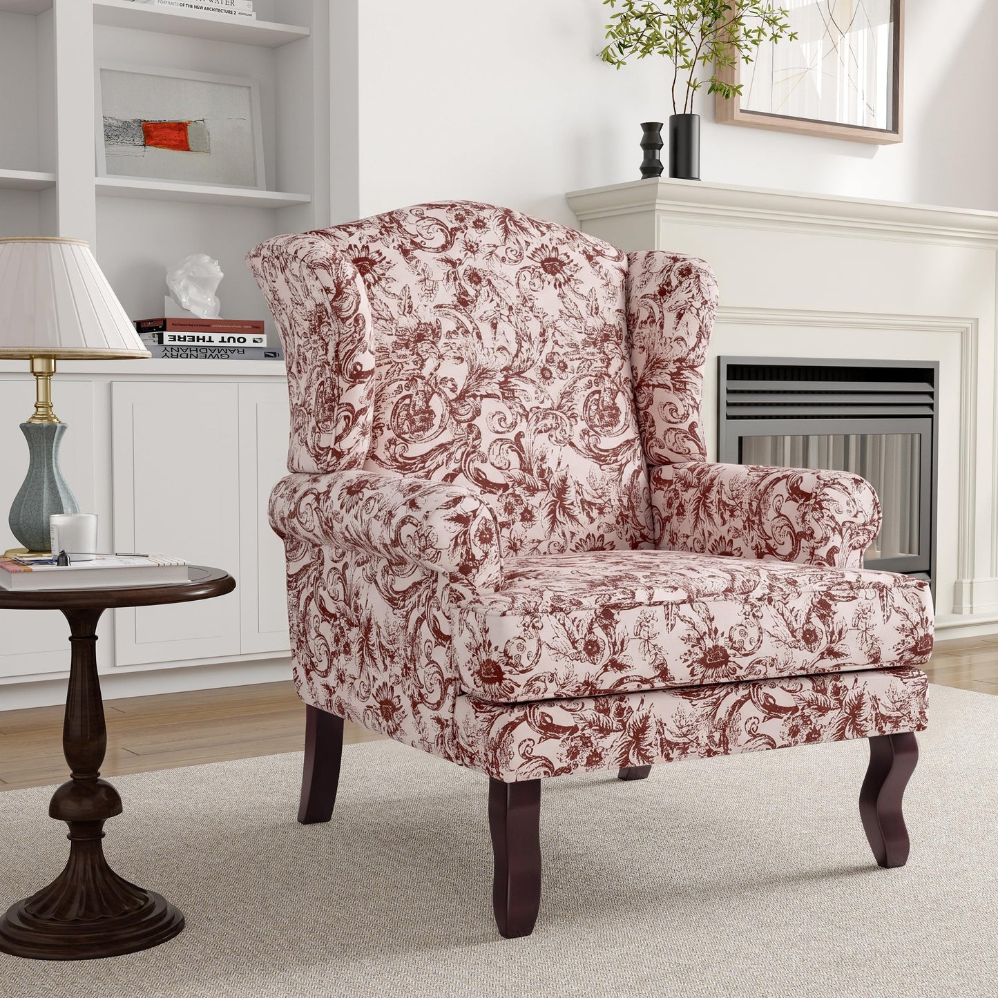High Back Accent Chair, Comfy Upholstered Fabric Armchair for Living Room, Mid Century Modern Club Accent Chair with Curved Armrests and Solid Legs, Single Sofa Reading Chair for Bedroom, Cranberry