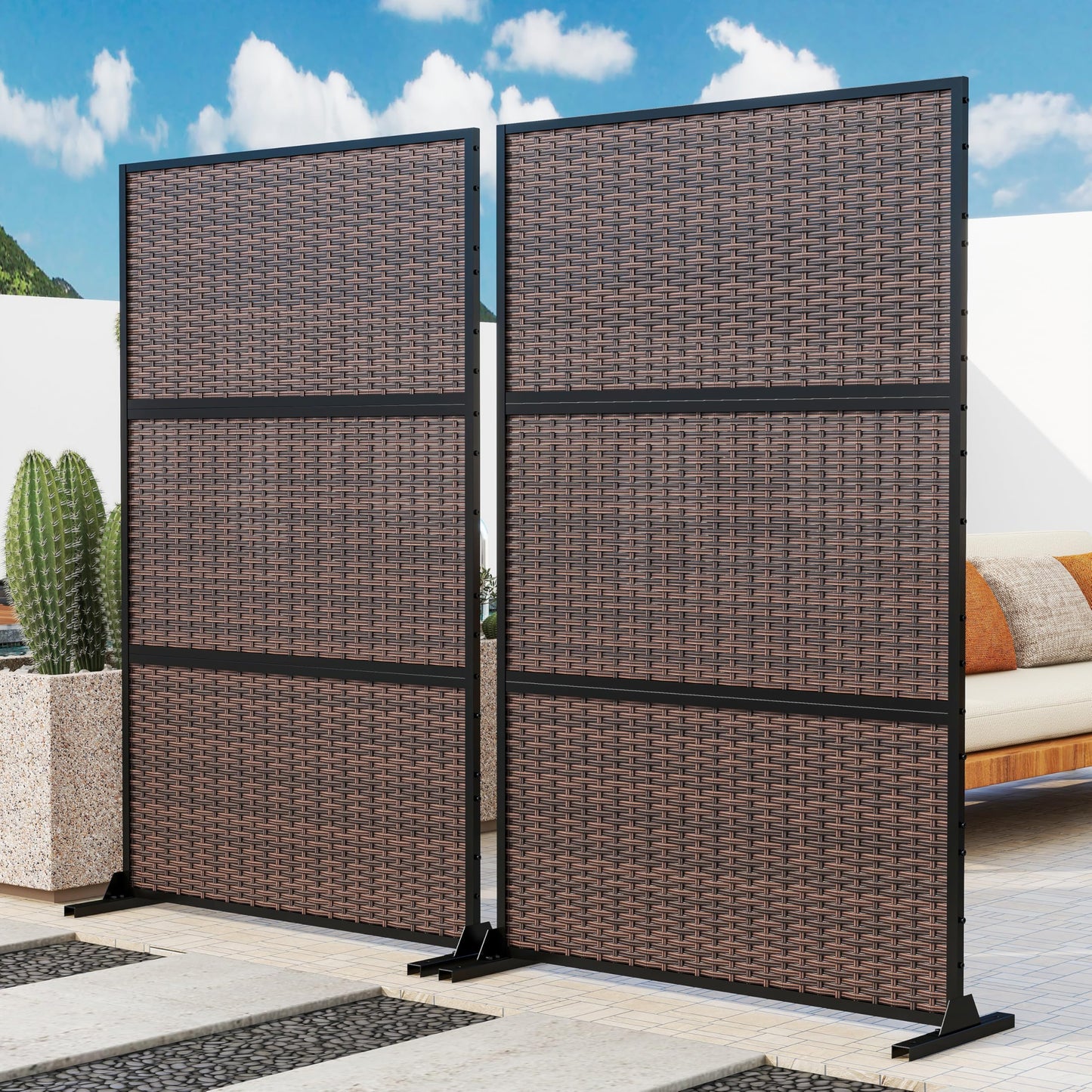 Outdoor Metal Privacy Screen with Stand, 72" H x 47" W Freestanding Outdoor Patio Divider, Decorative Patio Privacy Fence Panel for Garden Backyard Balcony Porch (Brown-Crossbanding)