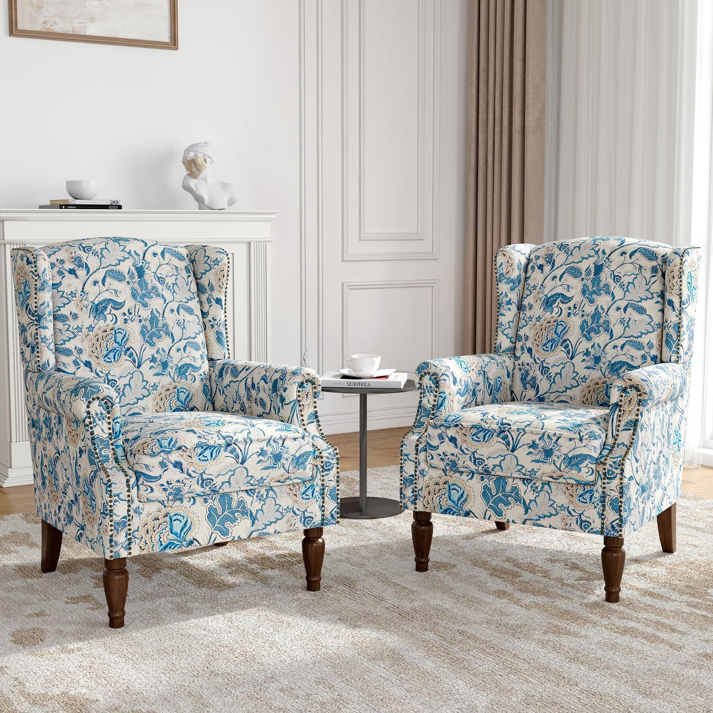 Floral Wingback Accent Chair, High Back Upholstered Armchair, Comfy Fabric Wingback Arms Chairs with Solid Wood Legs, Single Sofa Reading Chair for Bedroom Living Room, Beige