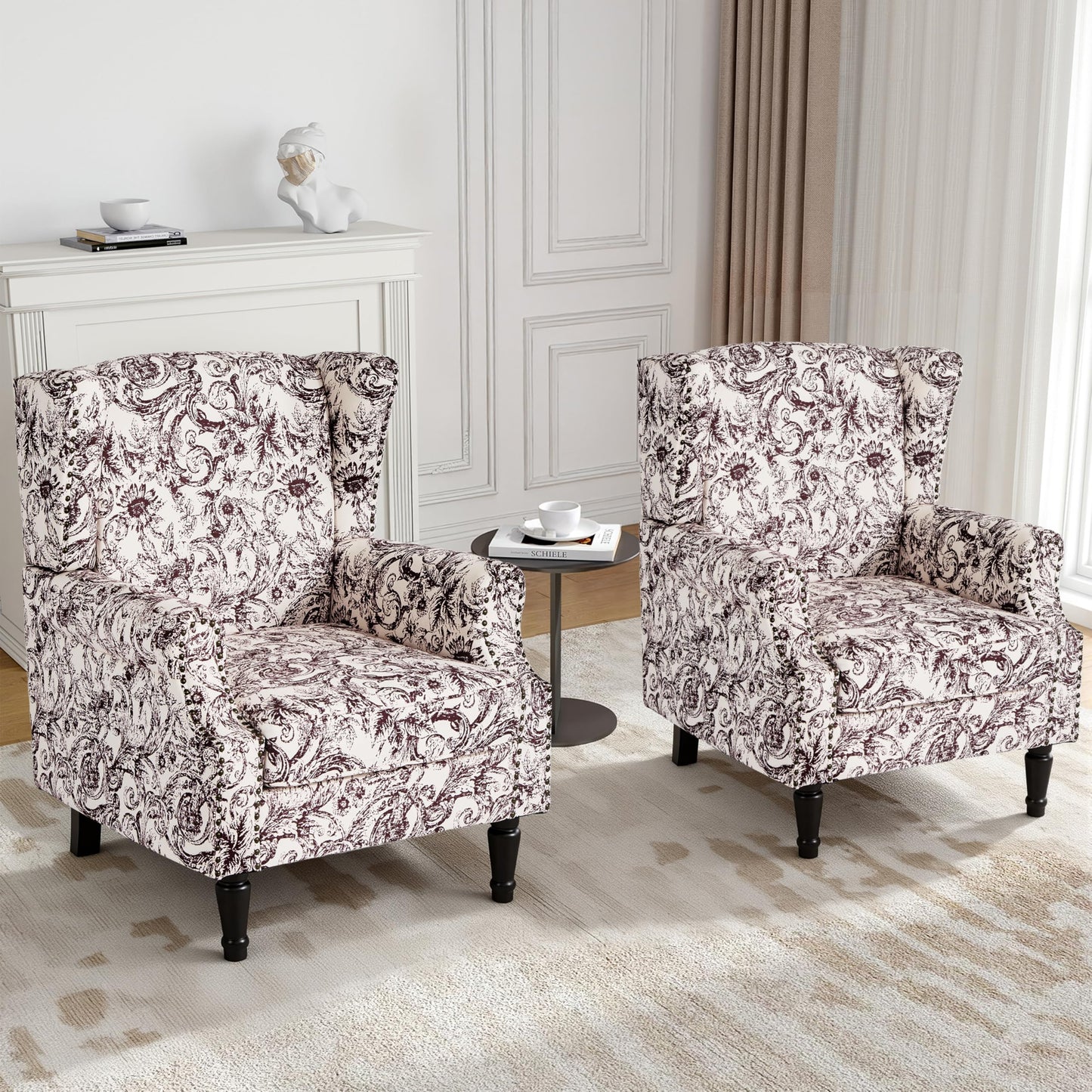 Floral Wingback Accent Chair, High Back Upholstered Armchair, Comfy Fabric Wingback Arms Chairs with Solid Wood Legs, Single Sofa Reading Chair for Bedroom Living Room, Beige