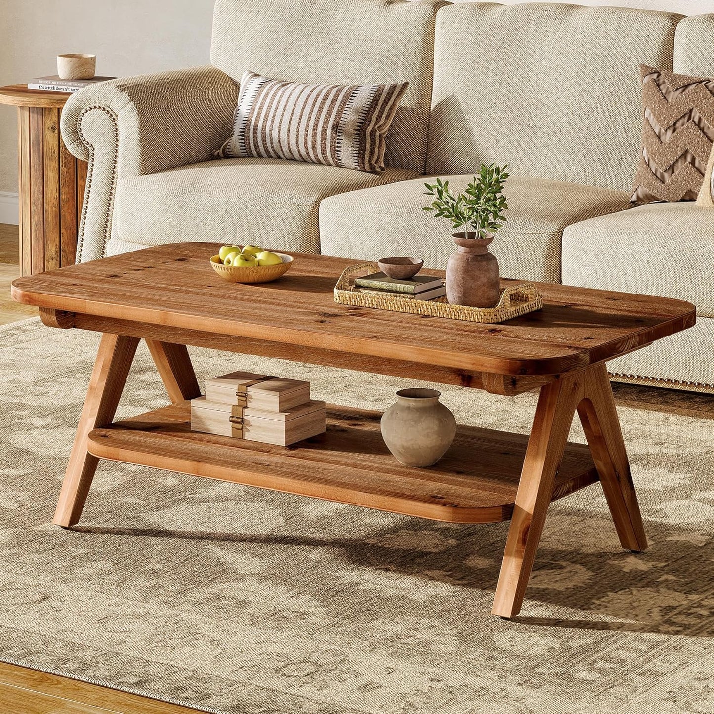 Solid Wood 2-Tier Coffee Table with Storage Shelf, 47" Brown Farmhouse Center Table for Living Room