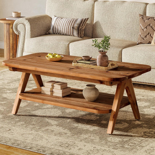 Solid Wood 2-Tier Coffee Table with Storage Shelf, 47" Brown Farmhouse Center Table for Living Room