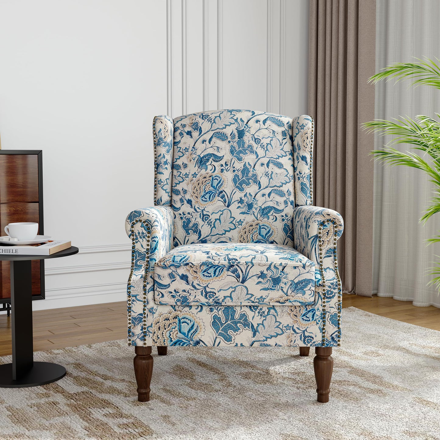 Floral Wingback Accent Chair, High Back Upholstered Armchair, Comfy Fabric Wingback Arms Chairs with Solid Wood Legs, Single Sofa Reading Chair for Bedroom Living Room, Beige