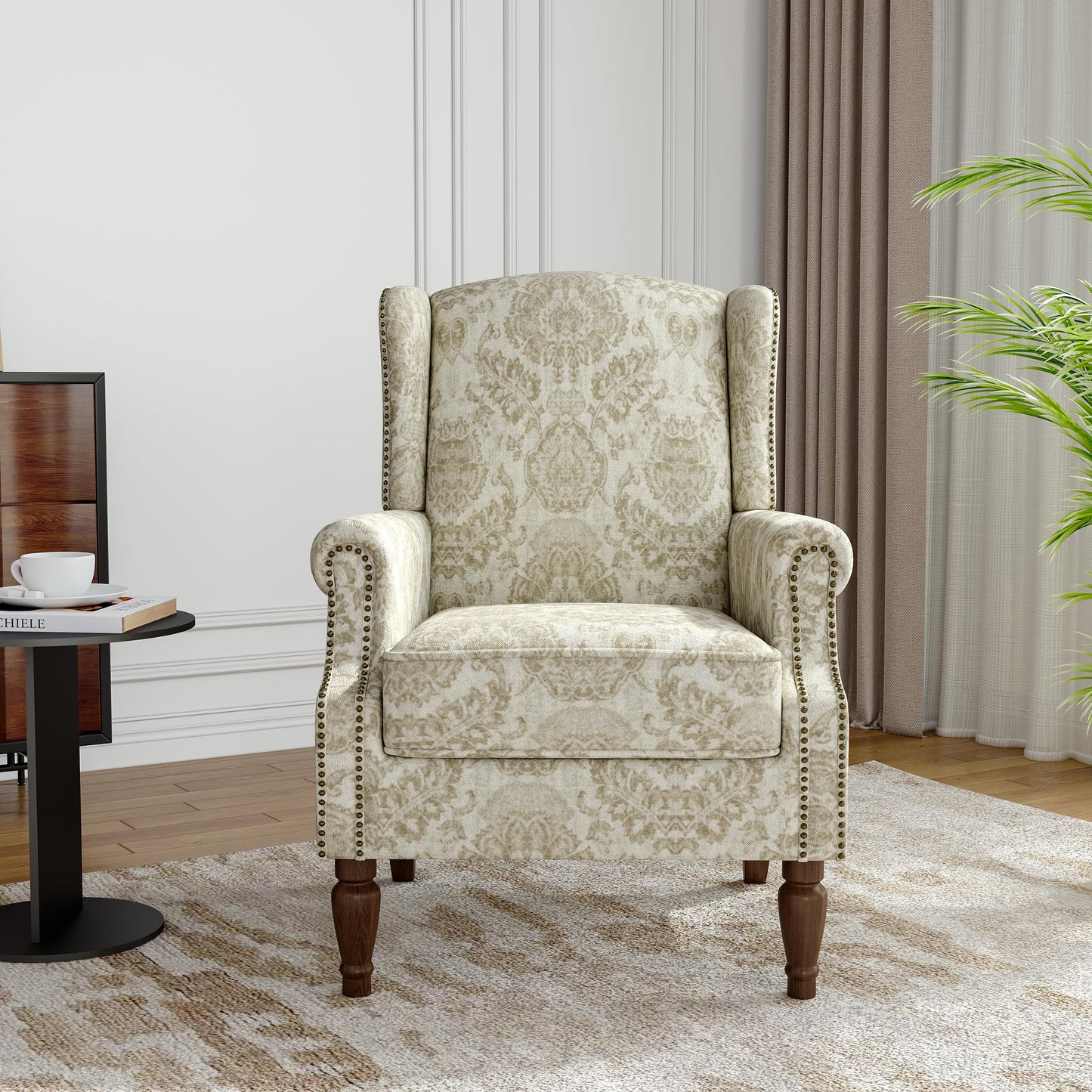 Floral Wingback Accent Chair, High Back Upholstered Armchair, Comfy Fabric Wingback Arms Chairs with Solid Wood Legs, Single Sofa Reading Chair for Bedroom Living Room, Beige