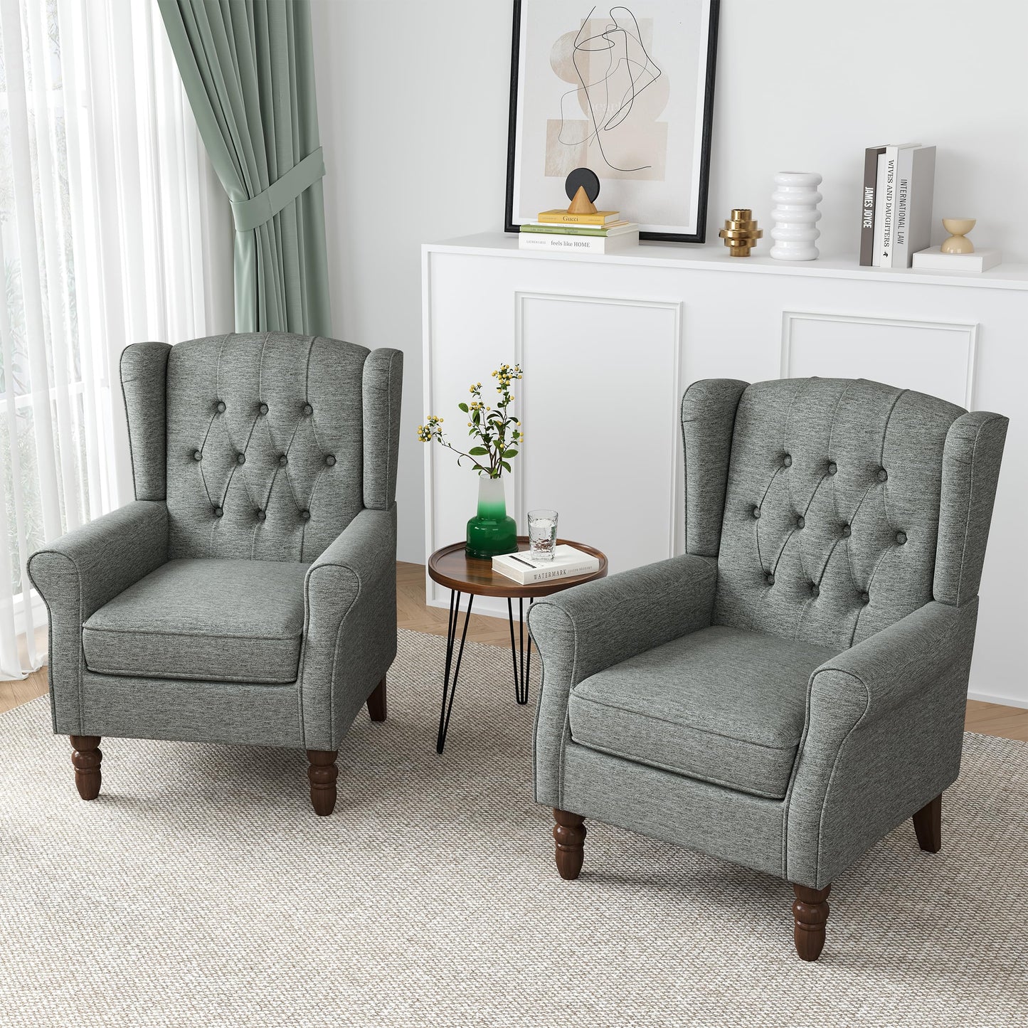 Faux Leather Wingback Chairs Set of 2, High Back Accent Chair for Living Room, Button-Tufted Upholstered Armchair with Solid Wood Legs, Comfy Reading Chair for Bedroom, Brown