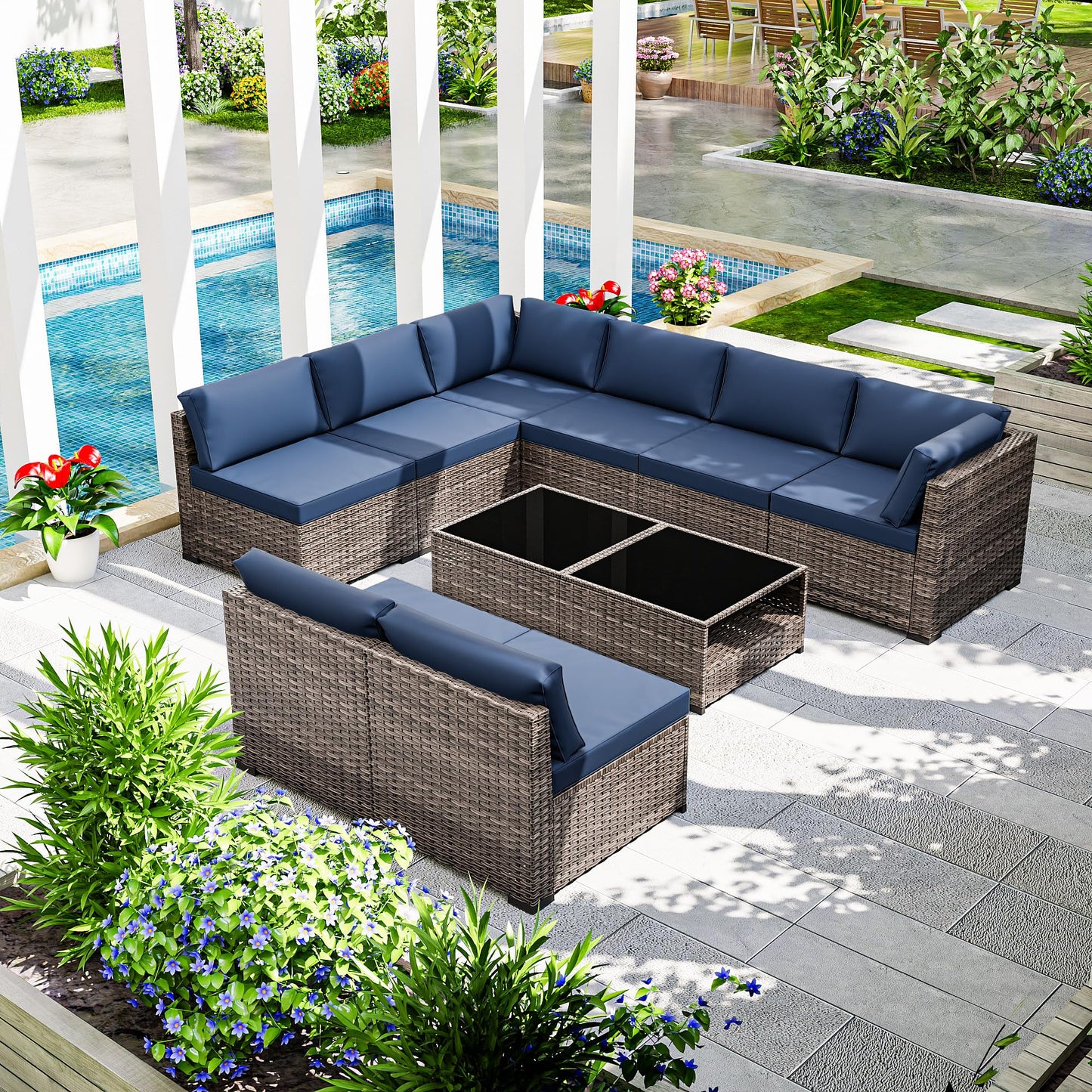 Joyside 5-Piece Patio Furniture Set, Rattan Outdoor Sectional Wicker Patio Conversation Set with Cushions and Coffee Table
