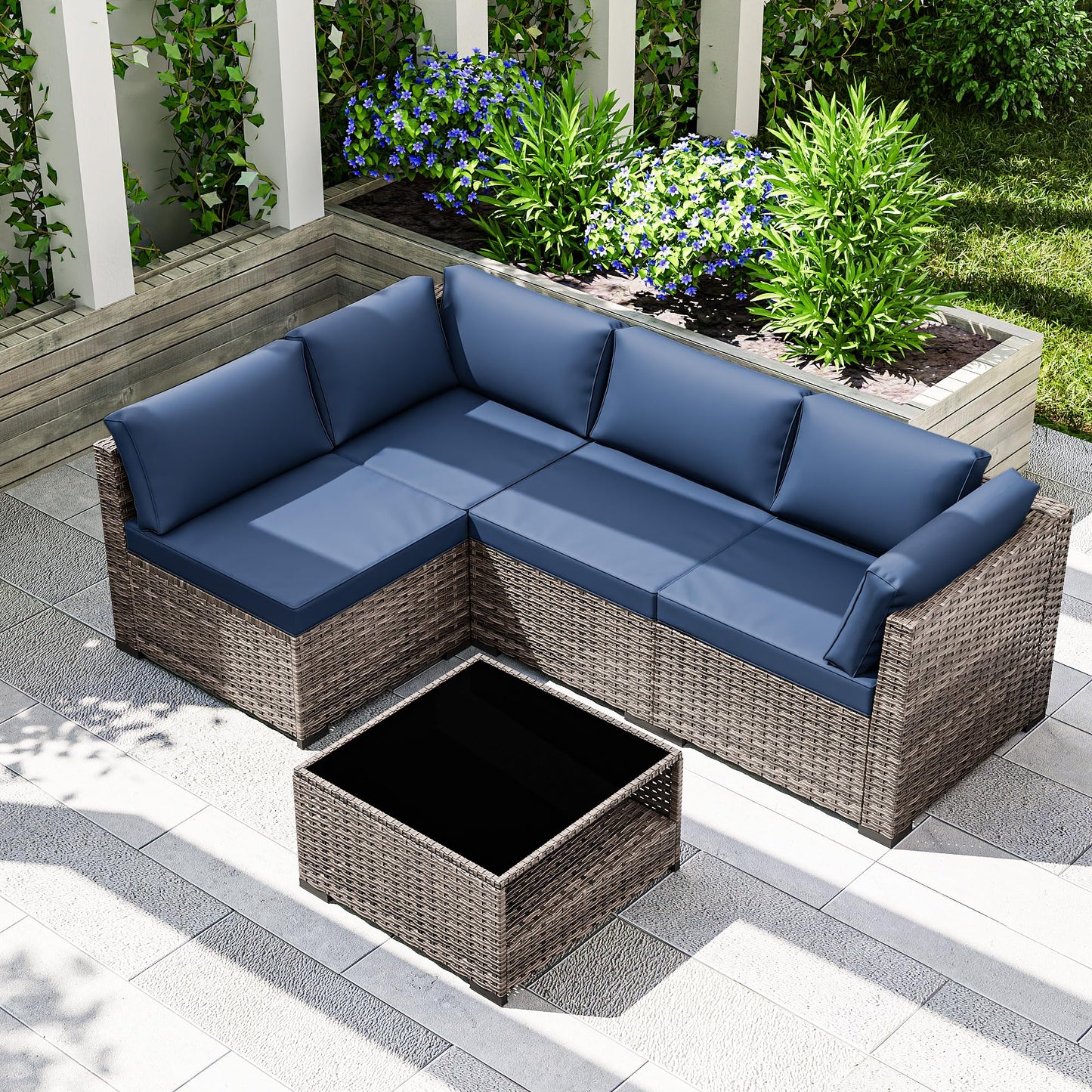 Joyside 5-Piece Patio Furniture Set, Rattan Outdoor Sectional Wicker Patio Conversation Set with Cushions and Coffee Table