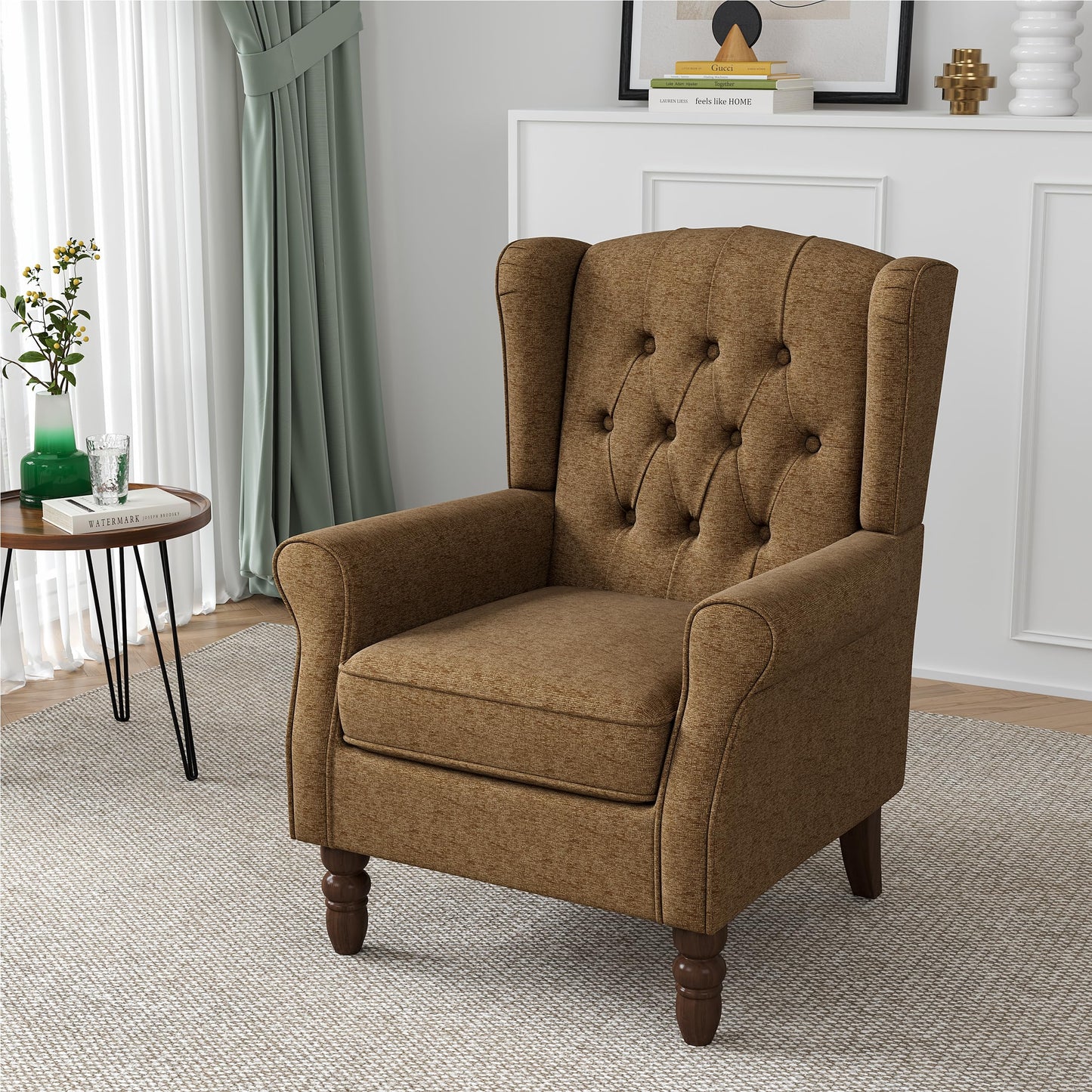 Faux Leather Wingback Chairs Set of 2, High Back Accent Chair for Living Room, Button-Tufted Upholstered Armchair with Solid Wood Legs, Comfy Reading Chair for Bedroom, Brown