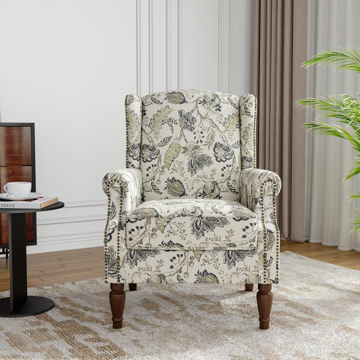Floral Wingback Accent Chair, High Back Upholstered Armchair, Comfy Fabric Wingback Arms Chairs with Solid Wood Legs, Single Sofa Reading Chair for Bedroom Living Room, Beige