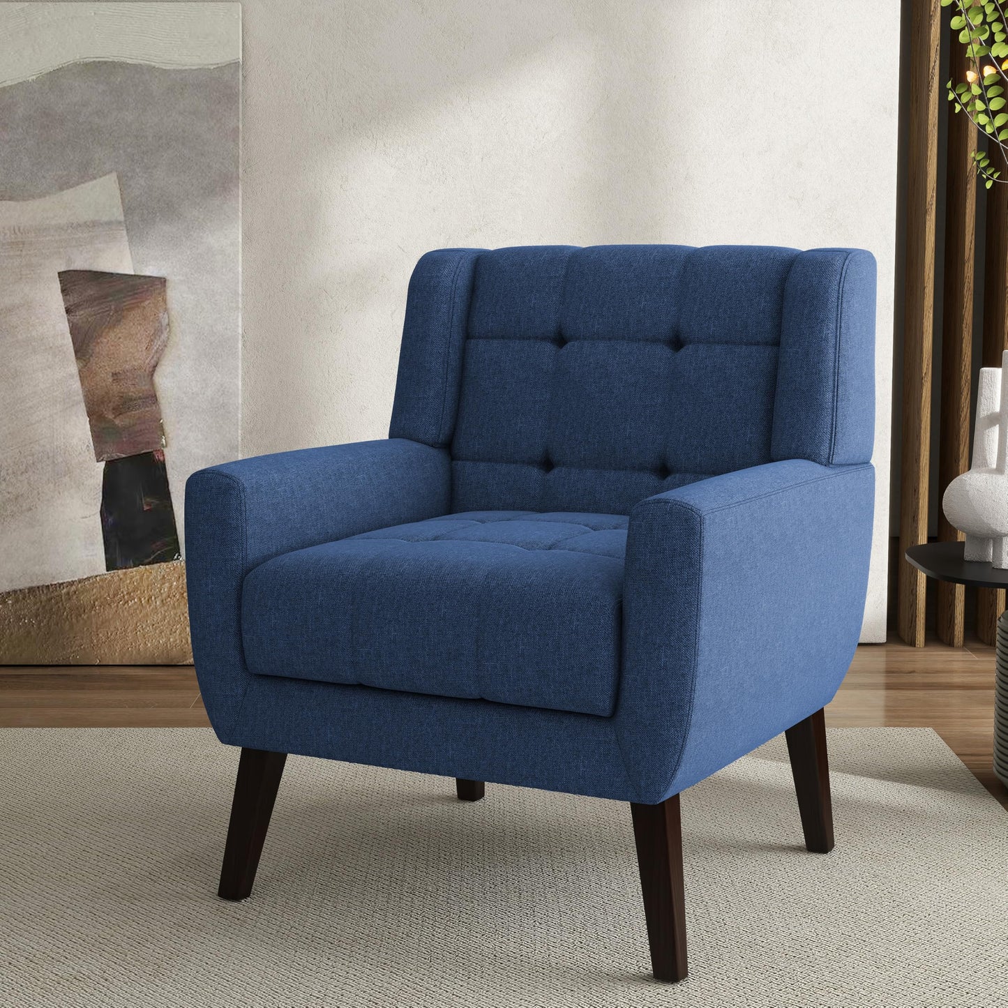 Faux Leather Accent Chairs Set of 2, Mid-Century Modern Upholstered Armchair, Comfy Living Room Chairs Reading Chairs with Button Tufted Back & Solid Wood Legs for Bedroom, Office, Black