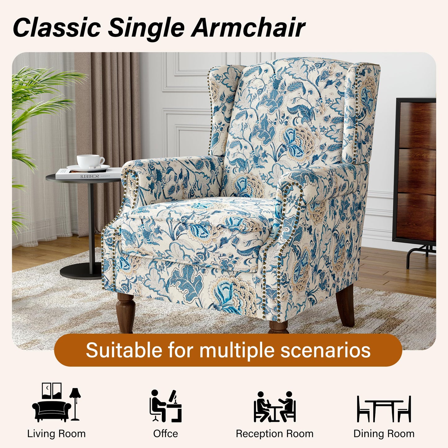 Floral Wingback Accent Chair, High Back Upholstered Armchair, Comfy Fabric Wingback Arms Chairs with Solid Wood Legs, Single Sofa Reading Chair for Bedroom Living Room, Beige