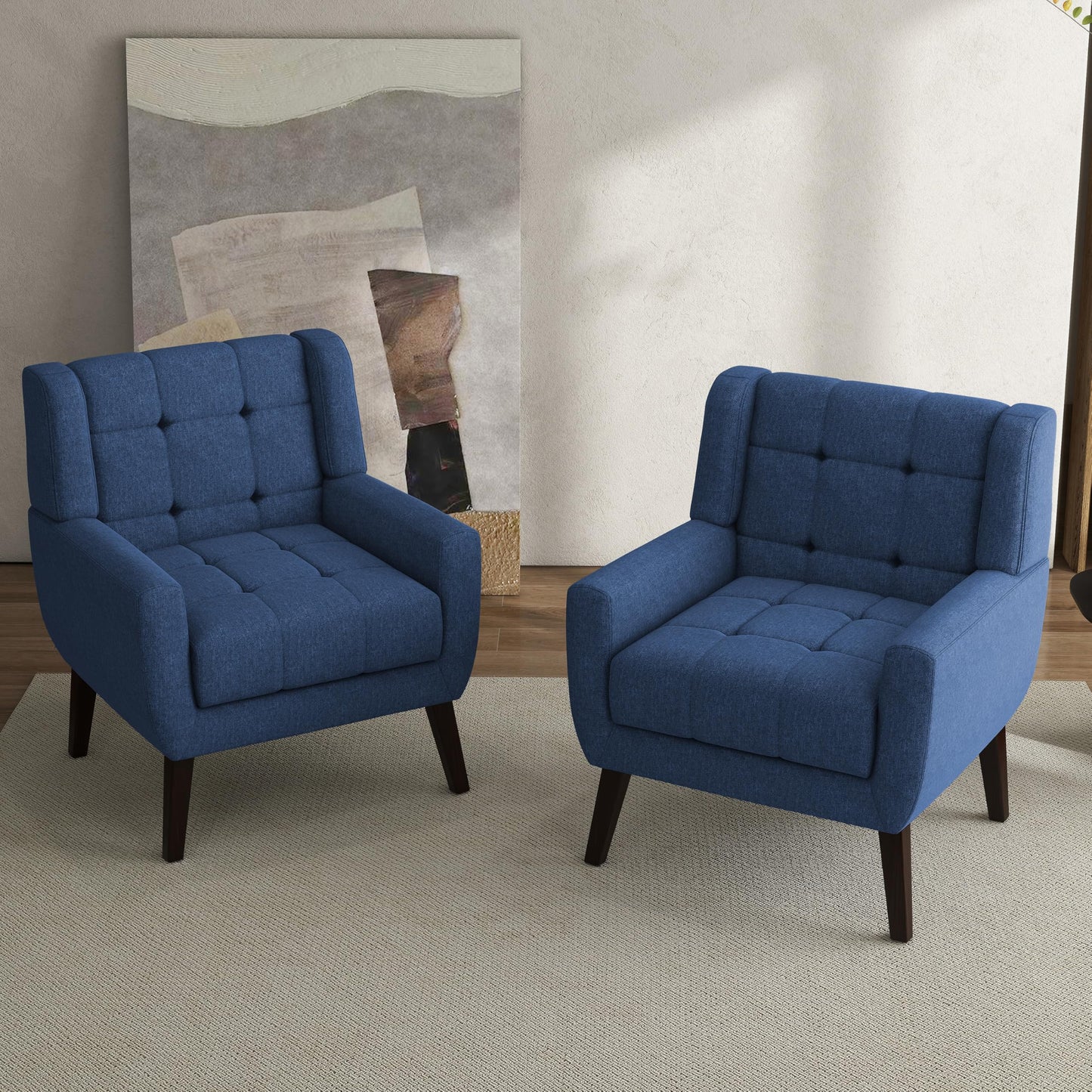 Faux Leather Accent Chairs Set of 2, Mid-Century Modern Upholstered Armchair, Comfy Living Room Chairs Reading Chairs with Button Tufted Back & Solid Wood Legs for Bedroom, Office, Black