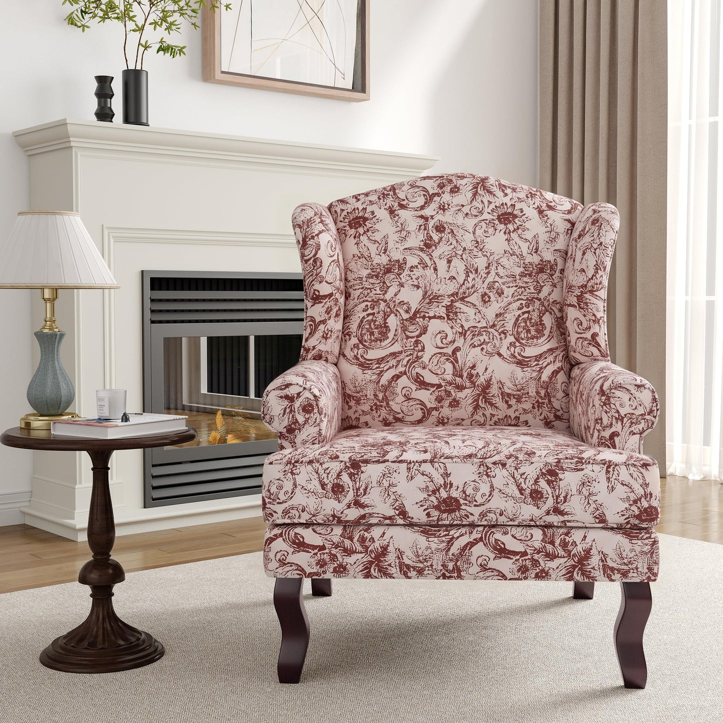 High Back Accent Chair, Comfy Upholstered Fabric Armchair for Living Room, Mid Century Modern Club Accent Chair with Curved Armrests and Solid Legs, Single Sofa Reading Chair for Bedroom, Cranberry