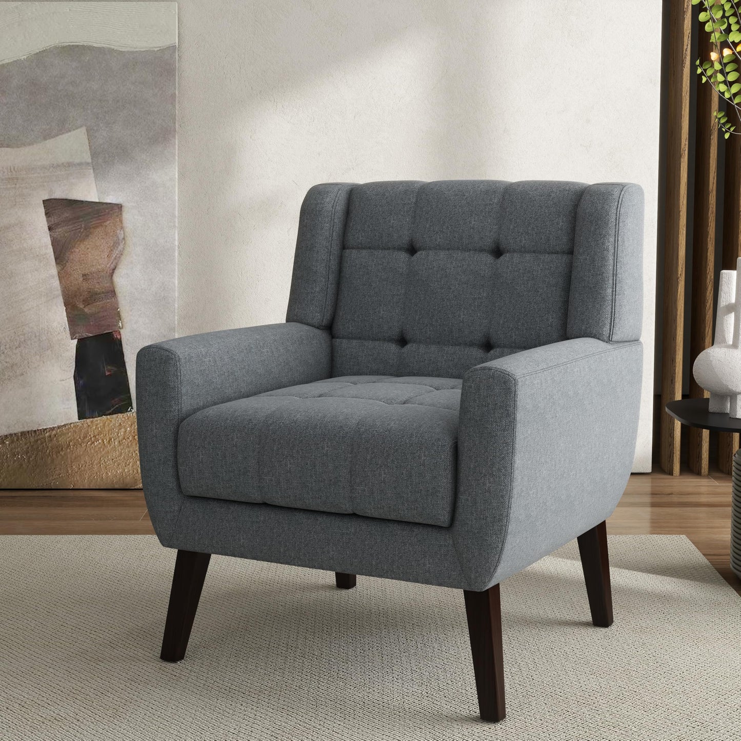 Faux Leather Accent Chairs Set of 2, Mid-Century Modern Upholstered Armchair, Comfy Living Room Chairs Reading Chairs with Button Tufted Back & Solid Wood Legs for Bedroom, Office, Black