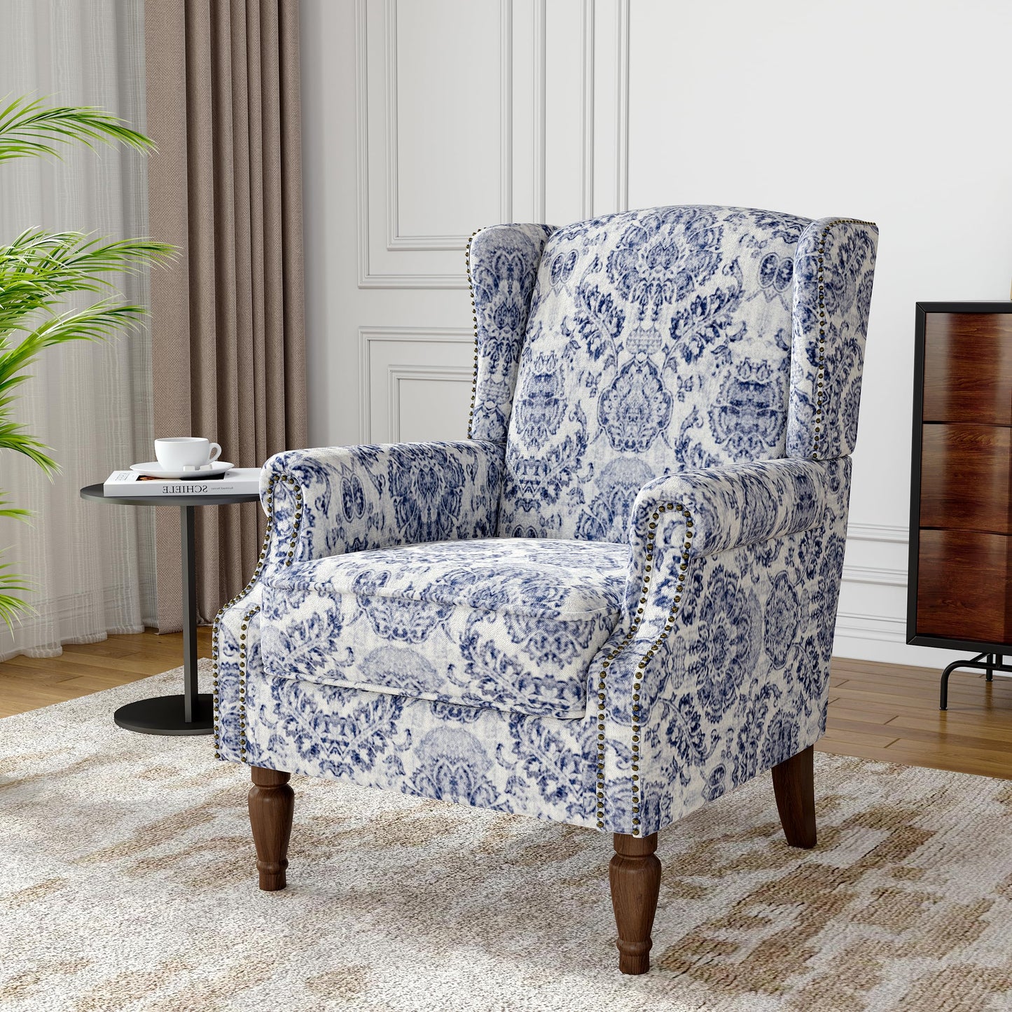 Floral Wingback Accent Chair, High Back Upholstered Armchair, Comfy Fabric Wingback Arms Chairs with Solid Wood Legs, Single Sofa Reading Chair for Bedroom Living Room, Beige