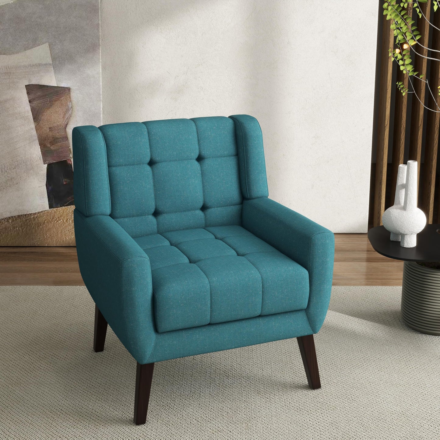 Faux Leather Accent Chairs Set of 2, Mid-Century Modern Upholstered Armchair, Comfy Living Room Chairs Reading Chairs with Button Tufted Back & Solid Wood Legs for Bedroom, Office, Black