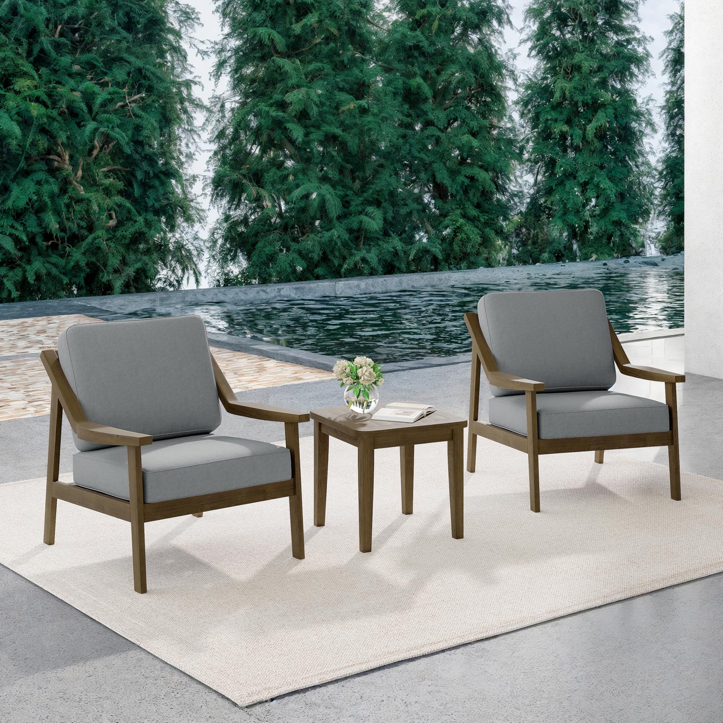 Outdoor Patio Furniture Set, 2 Piece Outdoor Patio Sofa Armchairs with Washable Thick Cushions, All-Weather Solid Wood Patio Bistro Set for Porch, Balcony, Natural Frame & Beige Cushion