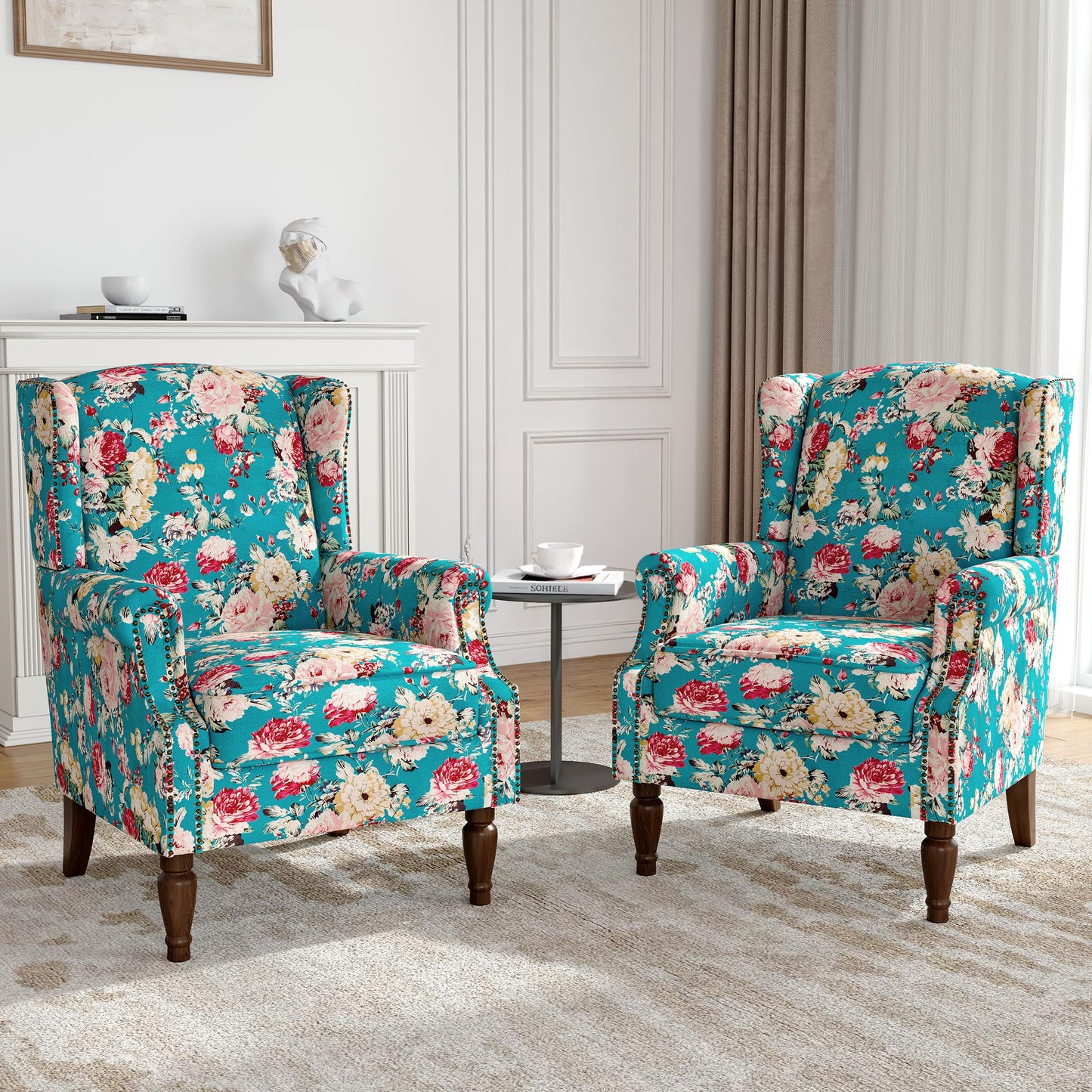 Floral Wingback Accent Chair, High Back Upholstered Armchair, Comfy Fabric Wingback Arms Chairs with Solid Wood Legs, Single Sofa Reading Chair for Bedroom Living Room, Beige